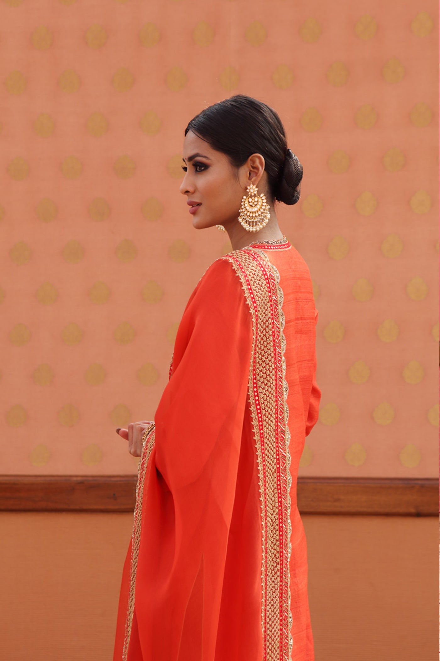 Hand-Embroidered Sinduri-Red Pure Tussar-Georgette Kurta-Churidaar Set