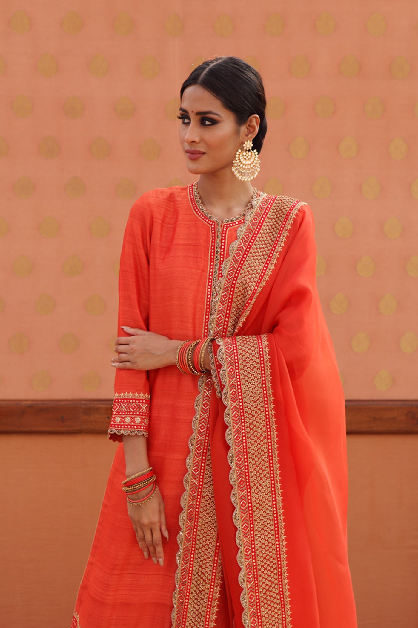 Hand-Embroidered Sinduri-Red Pure Tussar-Georgette Kurta-Churidaar Set