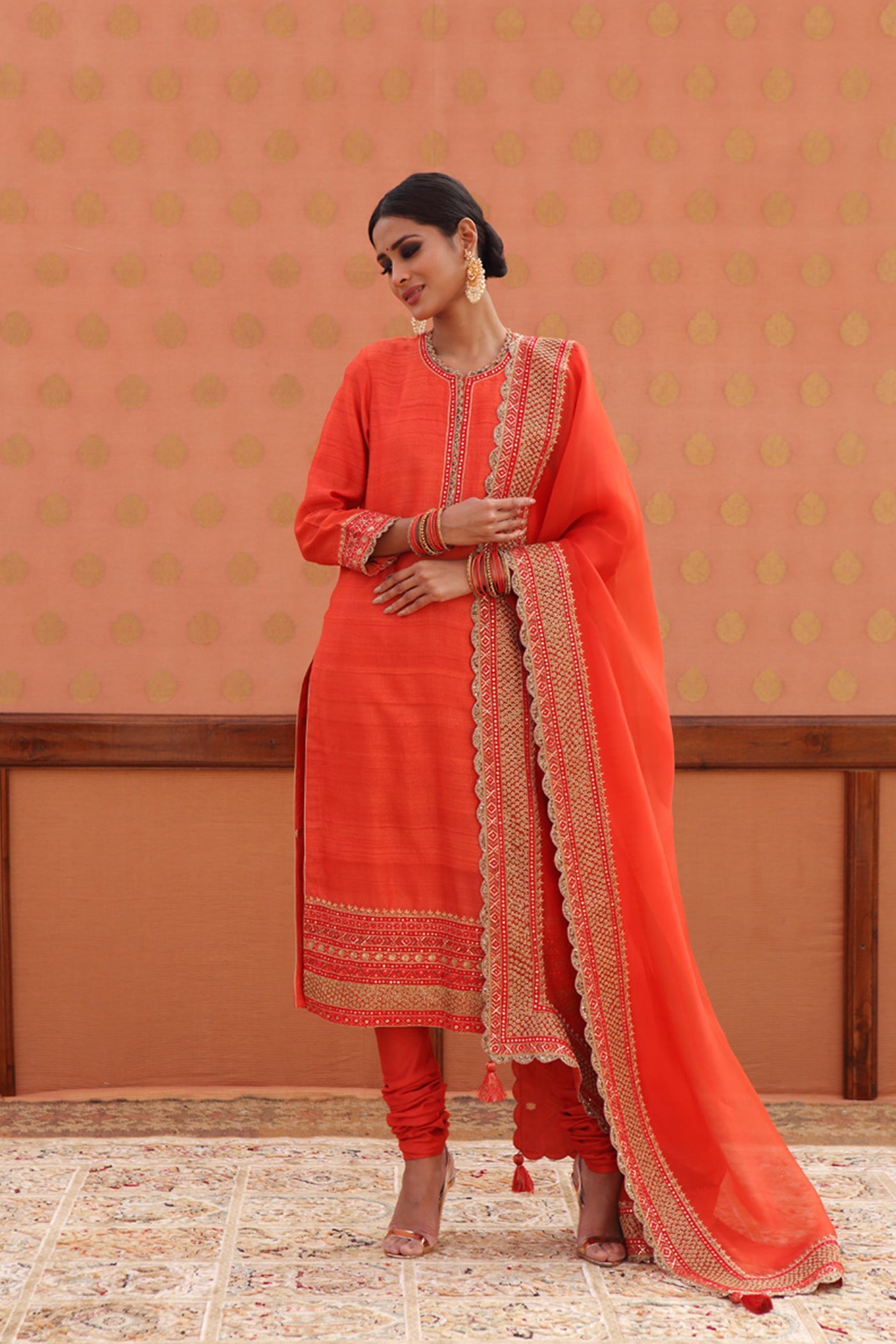 Hand-Embroidered Sinduri-Red Pure Tussar-Georgette Kurta-Churidaar Set