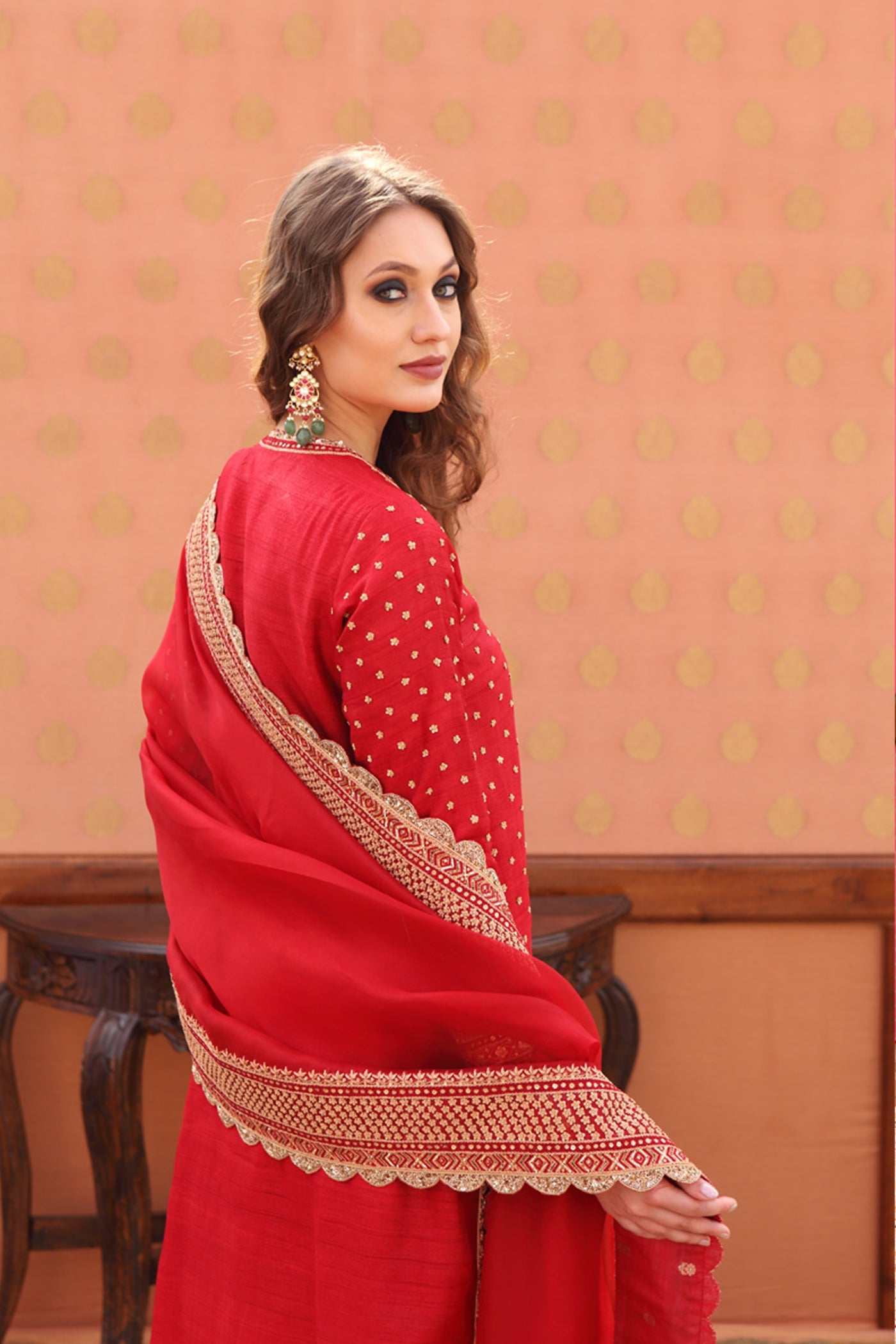 Hand-Embroidered Scarlet-Red Pure Tussar-Georgette Kurta-Churidaar Set