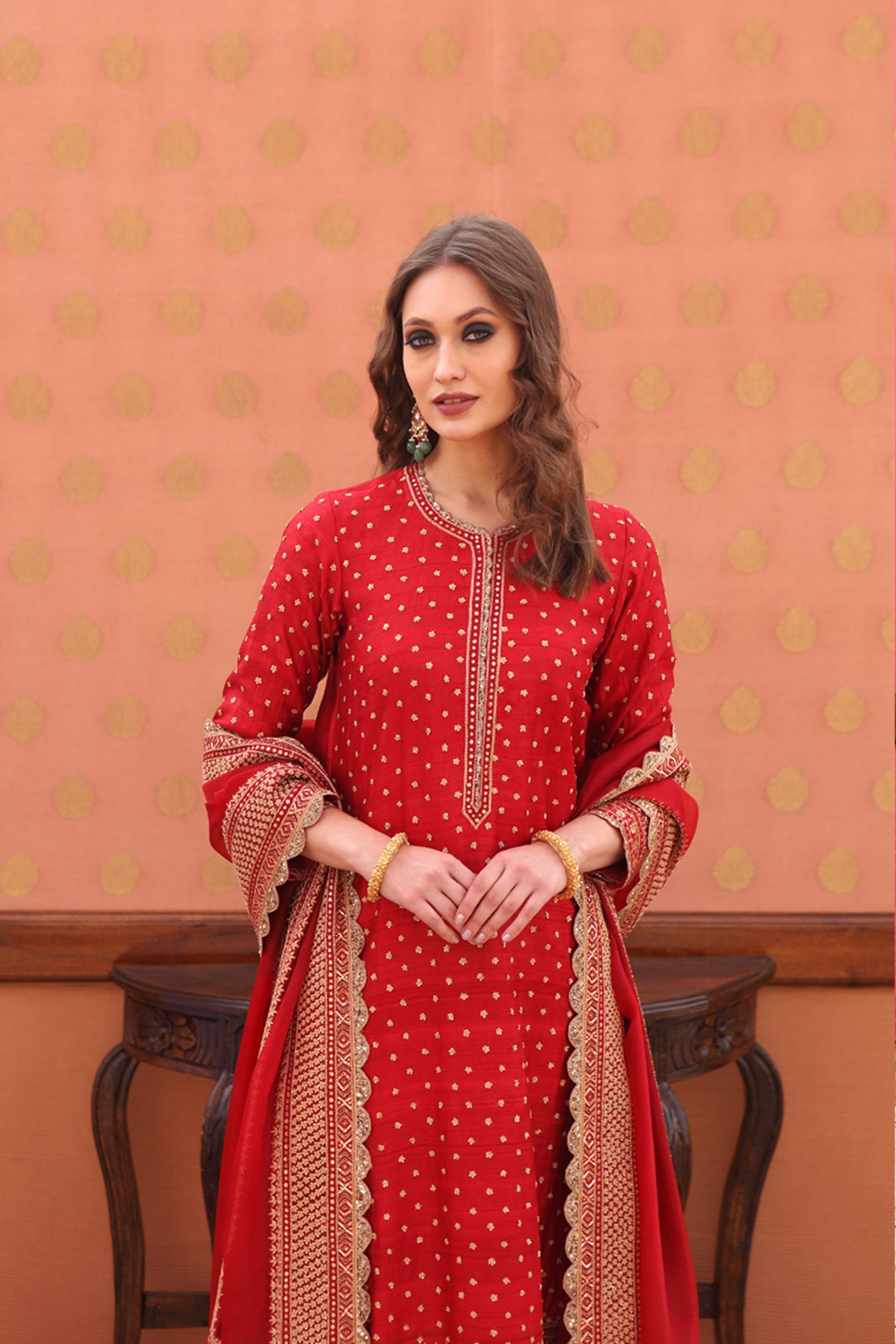 Hand-Embroidered Scarlet-Red Pure Tussar-Georgette Kurta-Churidaar Set