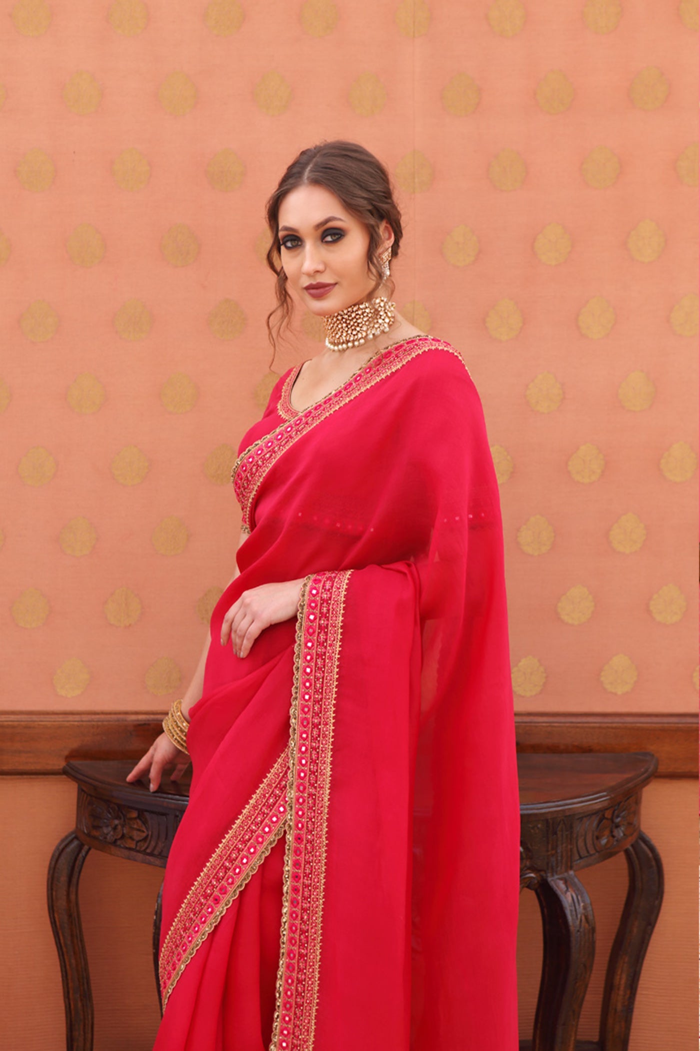 Hand-Embroidered Crimson-Red Pure Silk-Organza Saree-Blouse Set