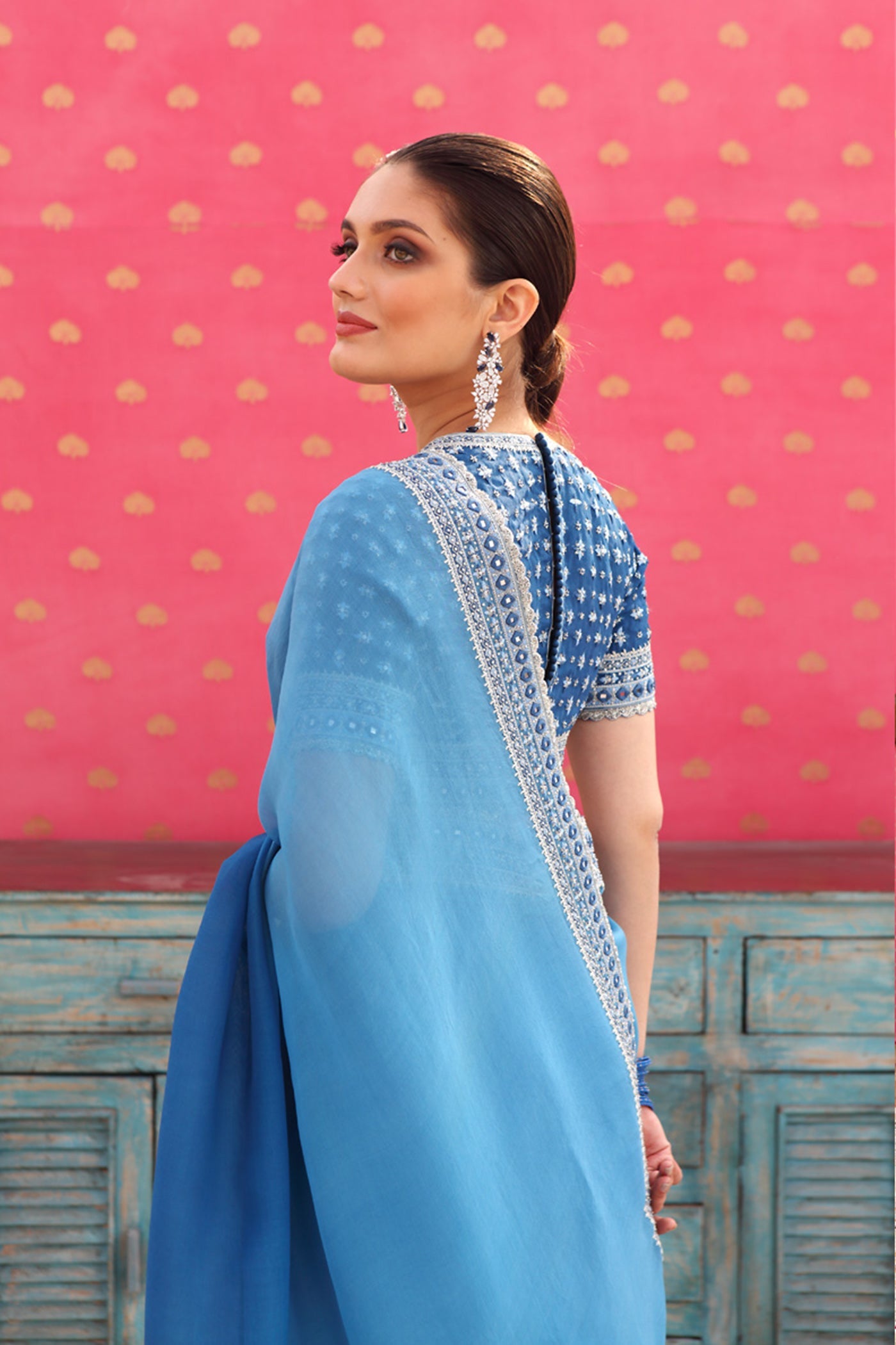 Hand-Embroidered Ombre Swedish-Blue Pure Silk-Organza Saree-Blouse Set