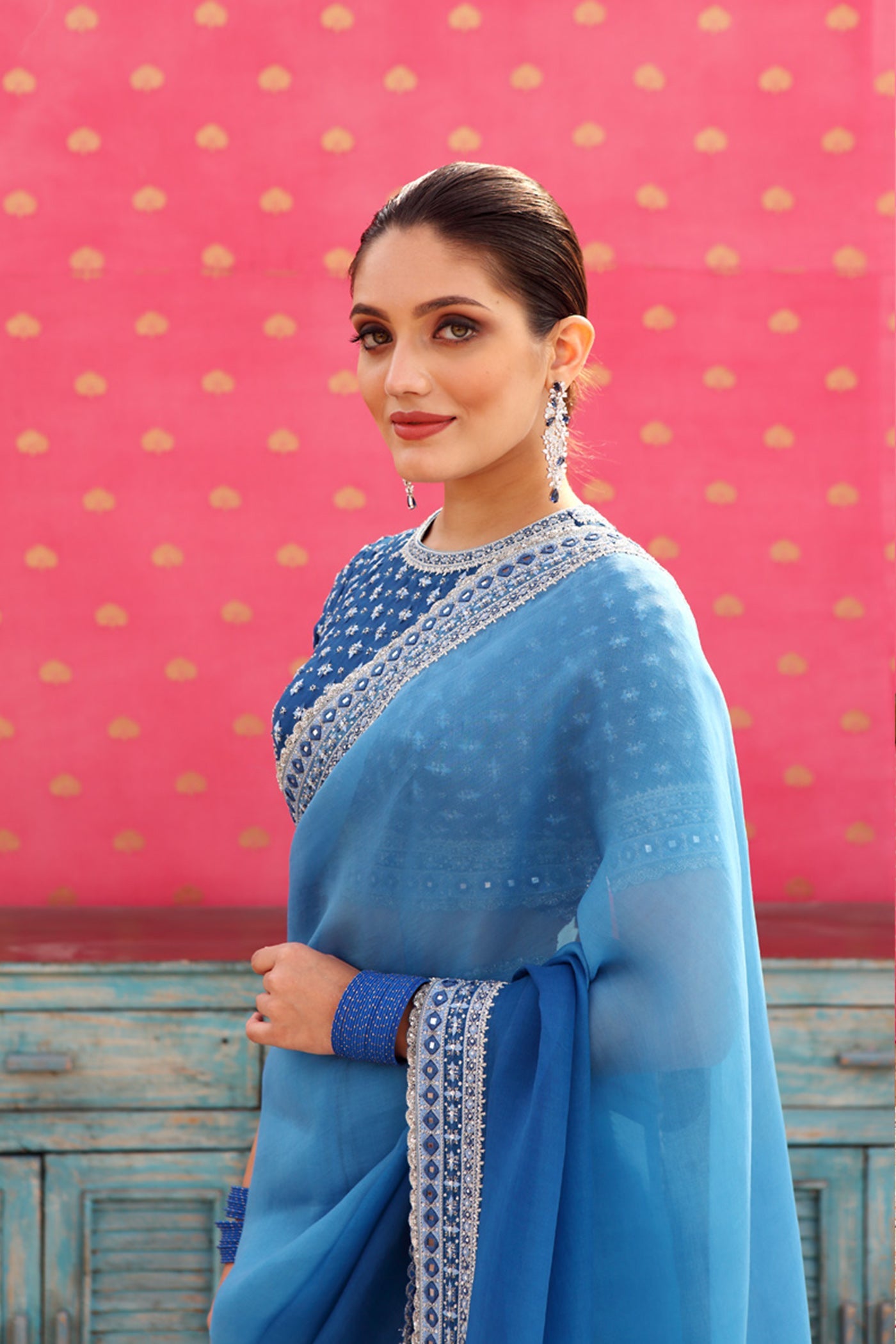 Hand-Embroidered Ombre Swedish-Blue Pure Silk-Organza Saree-Blouse Set