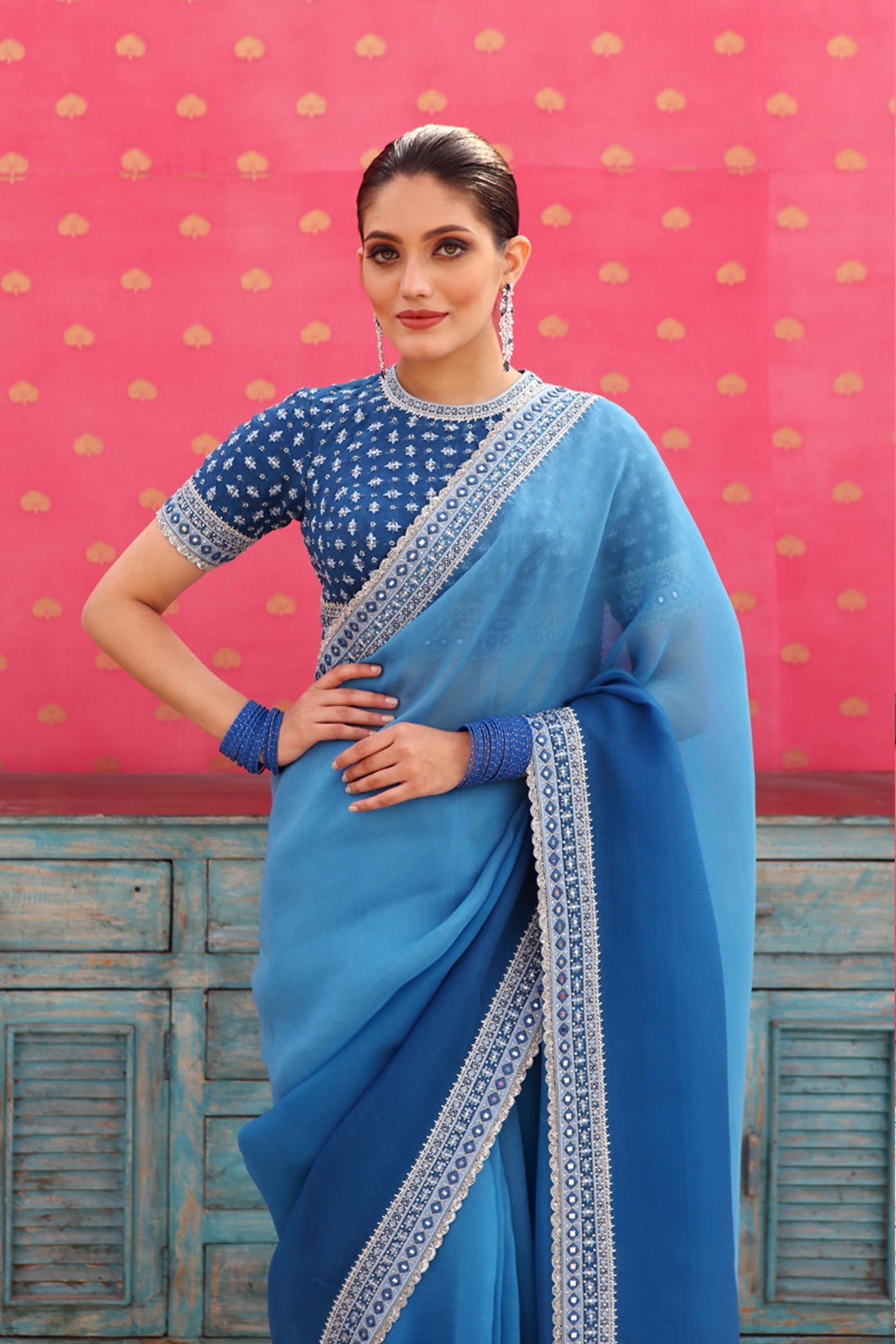 Hand-Embroidered Ombre Swedish-Blue Pure Silk-Organza Saree-Blouse Set