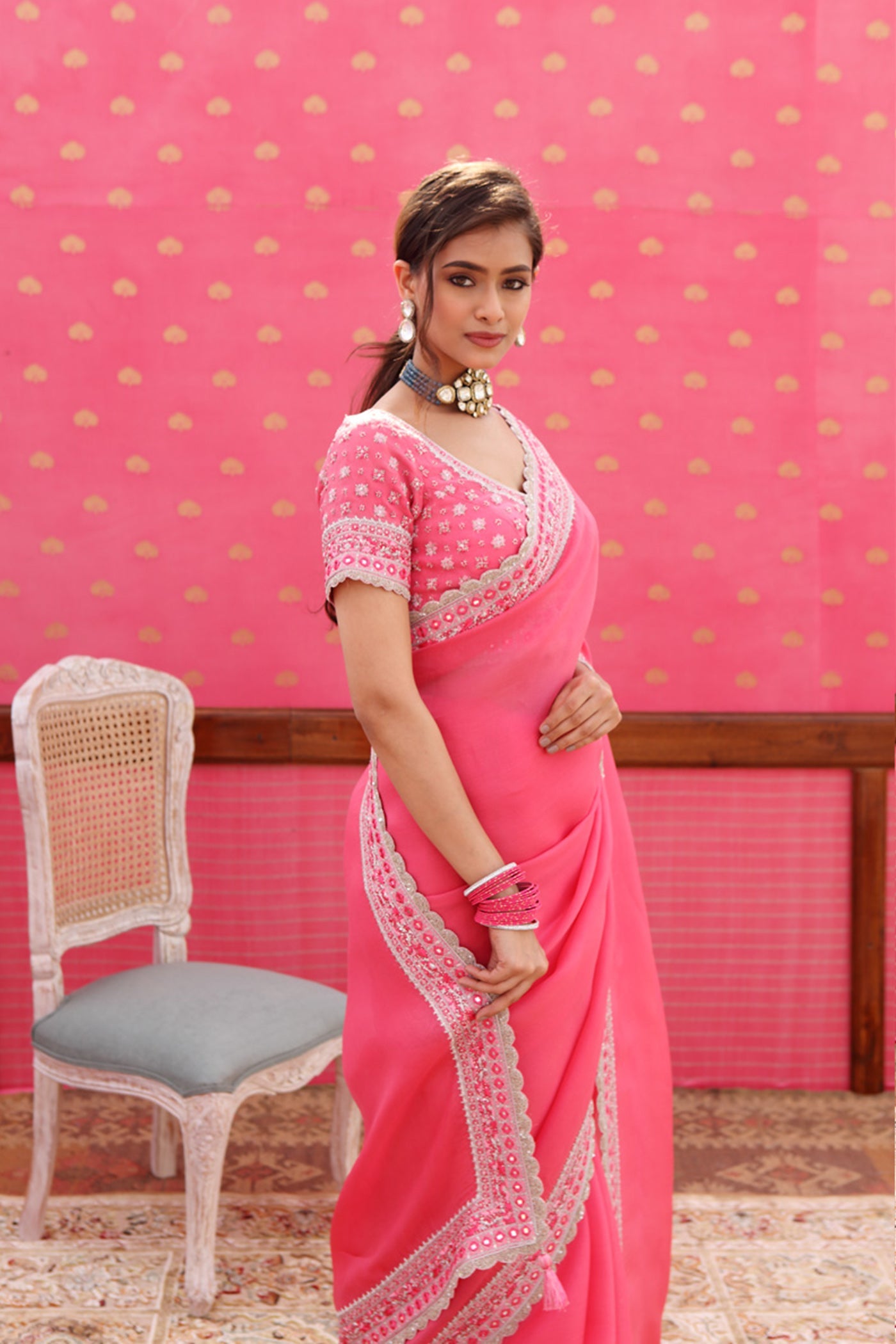 Hand-Embroidered Candy-Pink Pure Silk- Organza Saree-Blouse Set