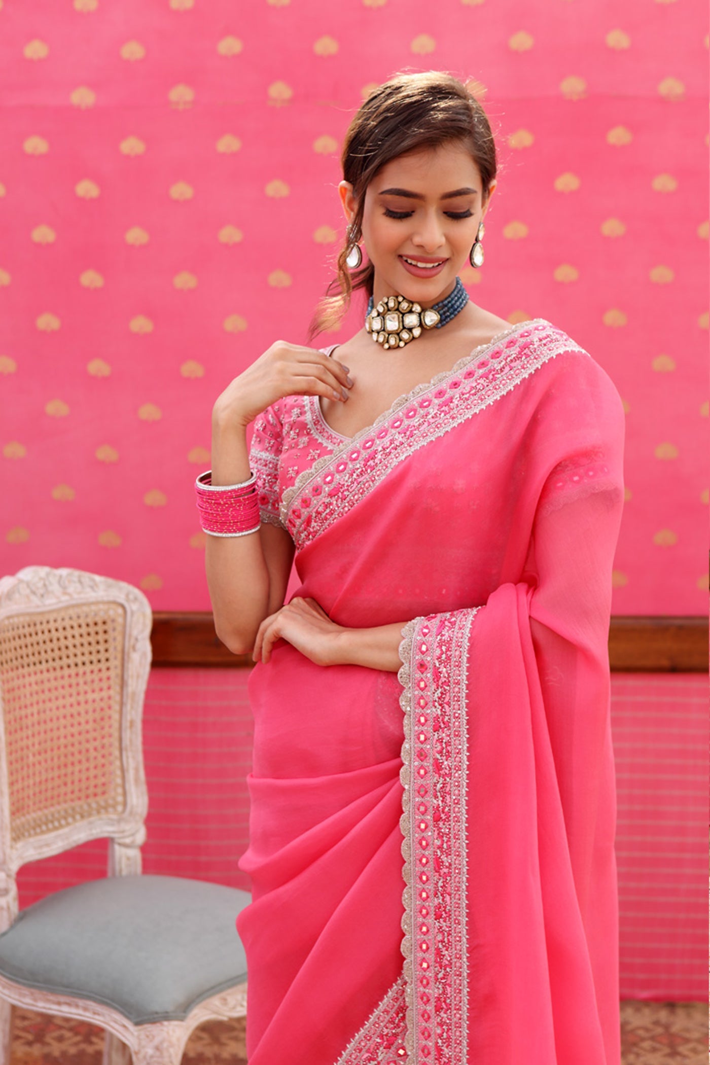 Hand-Embroidered Candy-Pink Pure Silk- Organza Saree-Blouse Set