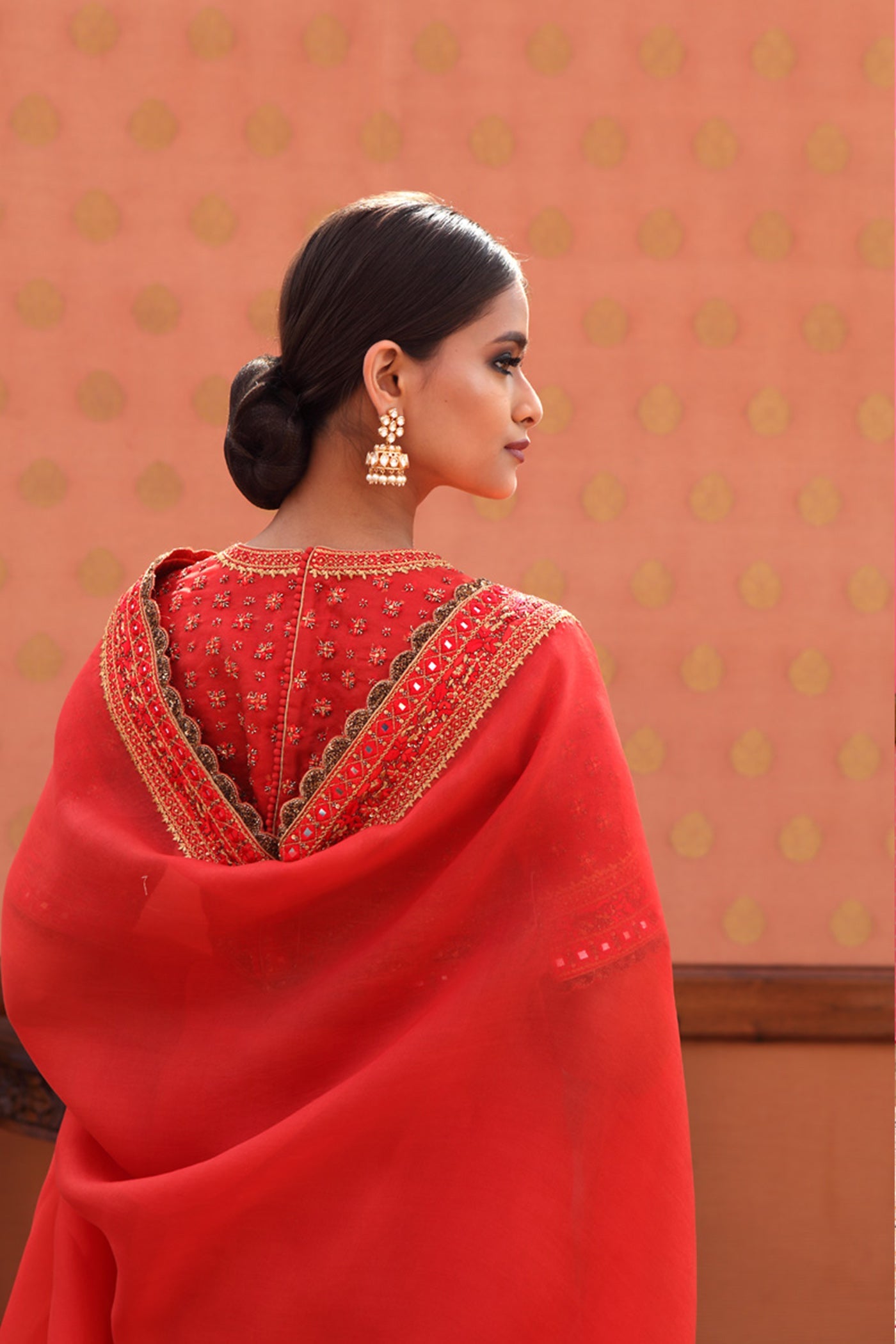 Hand-Embroidered Burnt-Orange Red Pure Silk-Organza Saree-Blouse Set
