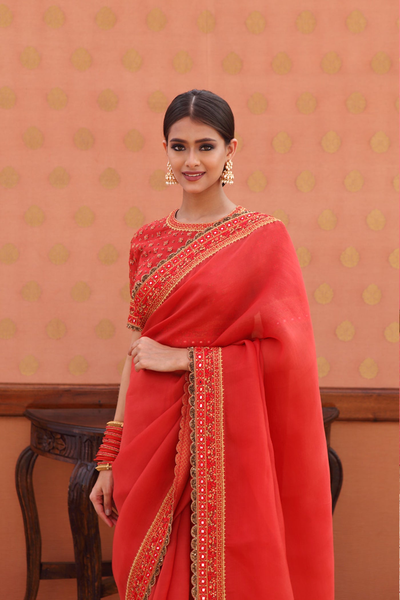 Hand-Embroidered Burnt-Orange Red Pure Silk-Organza Saree-Blouse Set