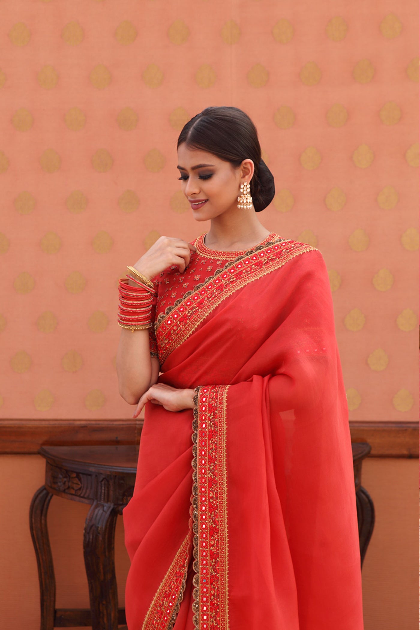 Hand-Embroidered Burnt-Orange Red Pure Silk-Organza Saree-Blouse Set