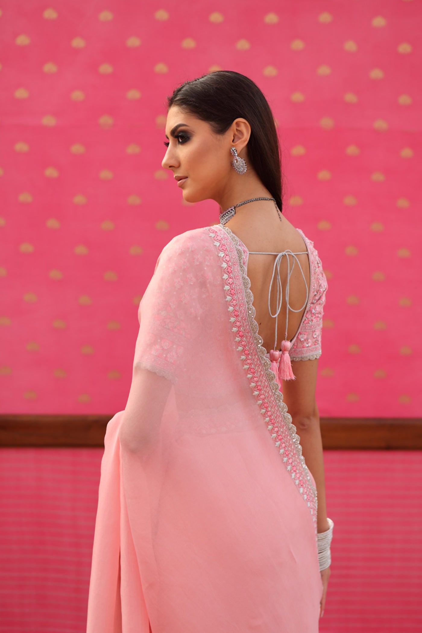 Hand-Embroidered Light-Pink Pure Silk-Organza Saree-Blouse Set