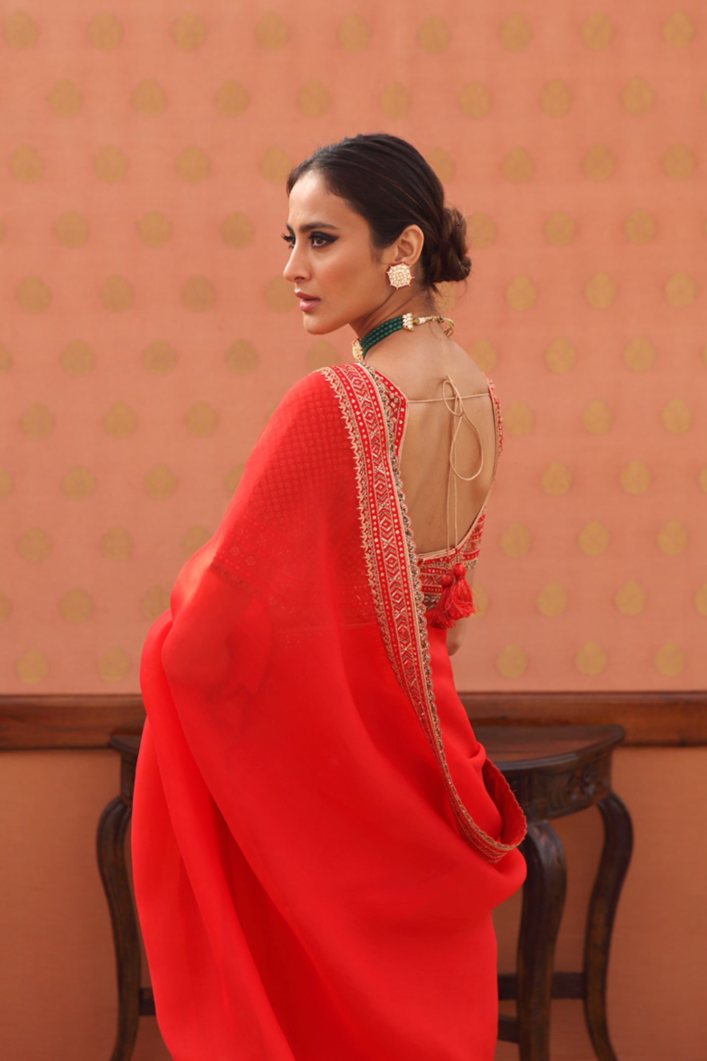Hand-Embroidered Sinduri-Red Pure Silk-Organza Saree-Blouse Set