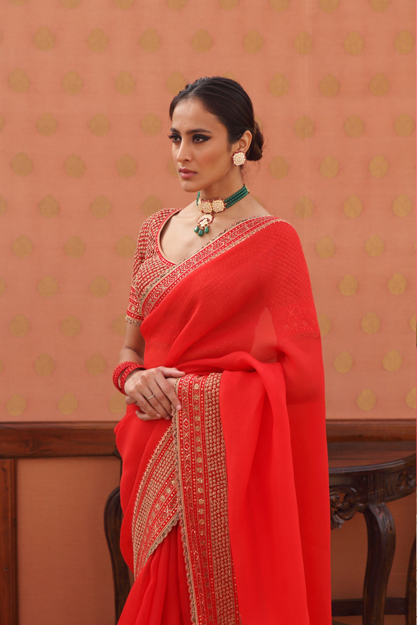 Hand-Embroidered Sinduri-Red Pure Silk-Organza Saree-Blouse Set
