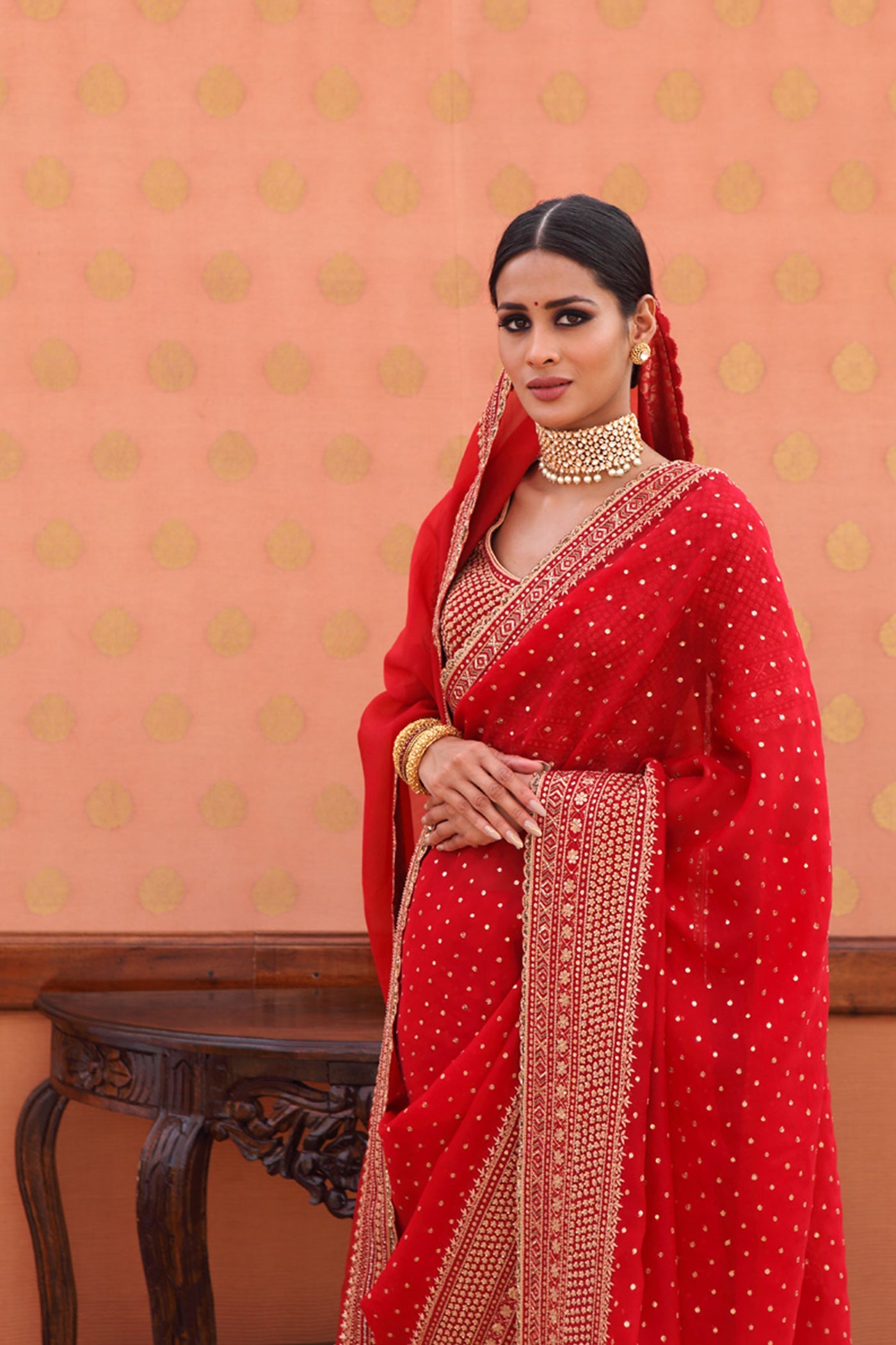 Hand-Embroidered Maroon-Red Pure Silk-Organza Saree-Blouse Set