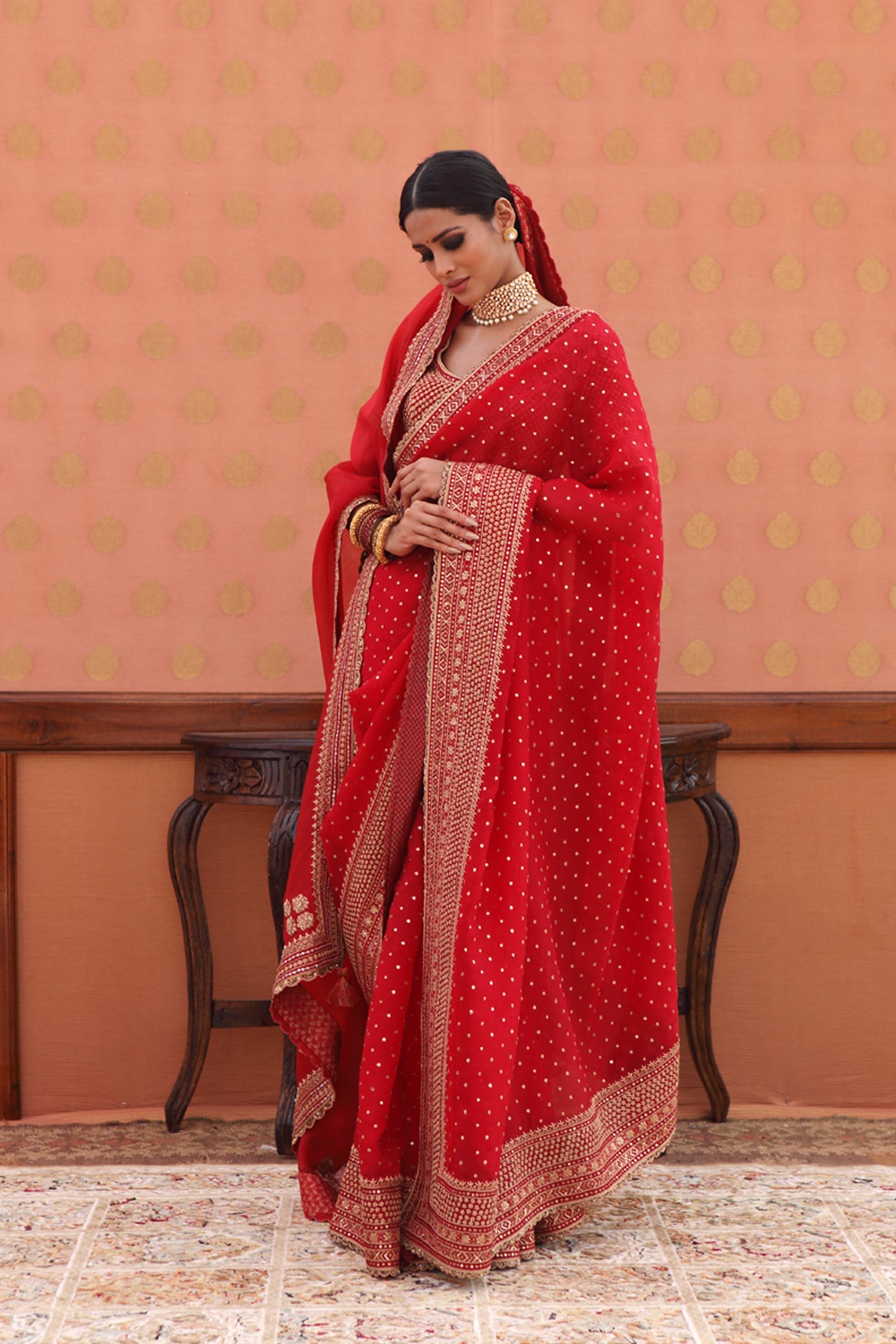 Hand-Embroidered Maroon-Red Pure Silk-Organza Saree-Blouse Set