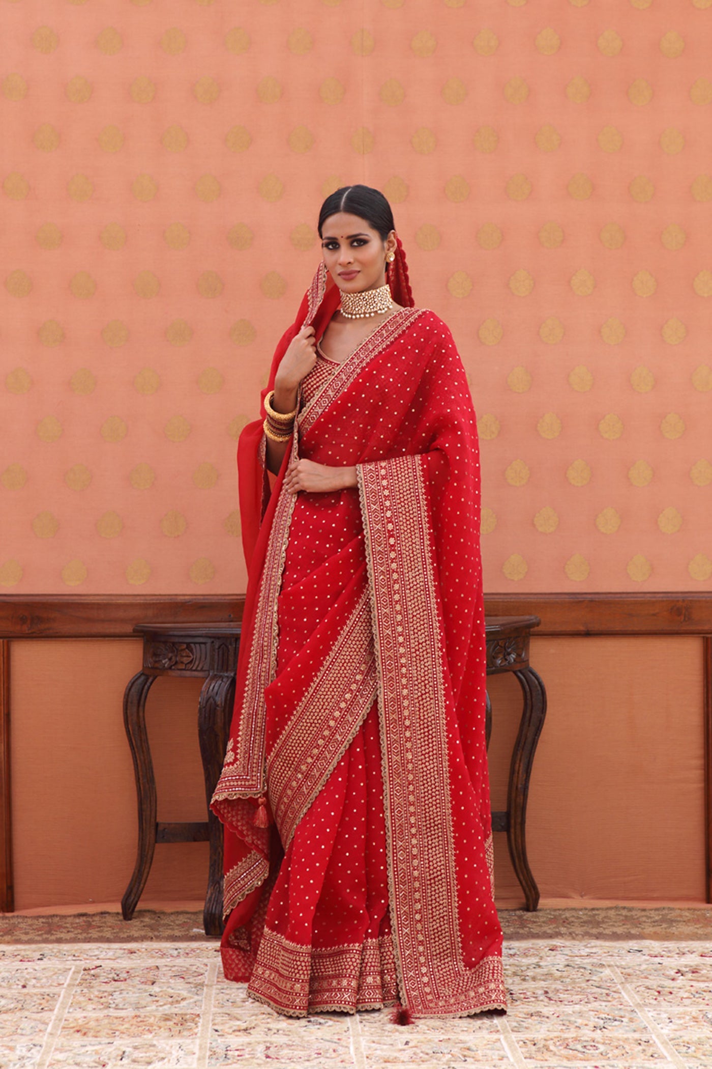 Hand-Embroidered Maroon-Red Pure Silk-Organza Saree-Blouse Set