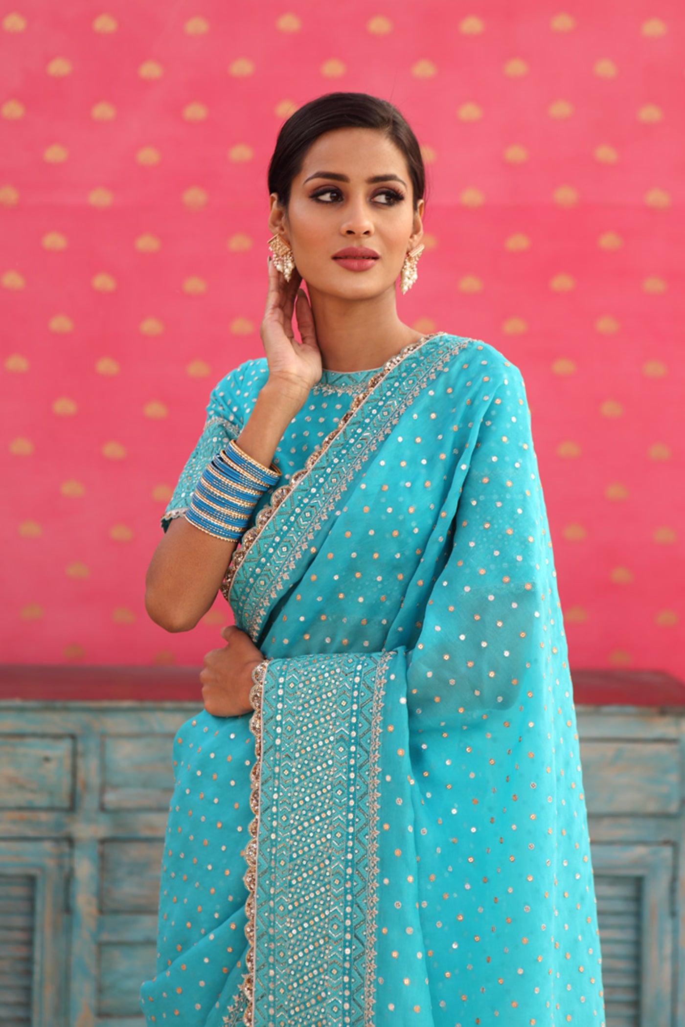 Hand-Embroidered Sea-Blue Pure Silk-Organza Saree-Blouse Set