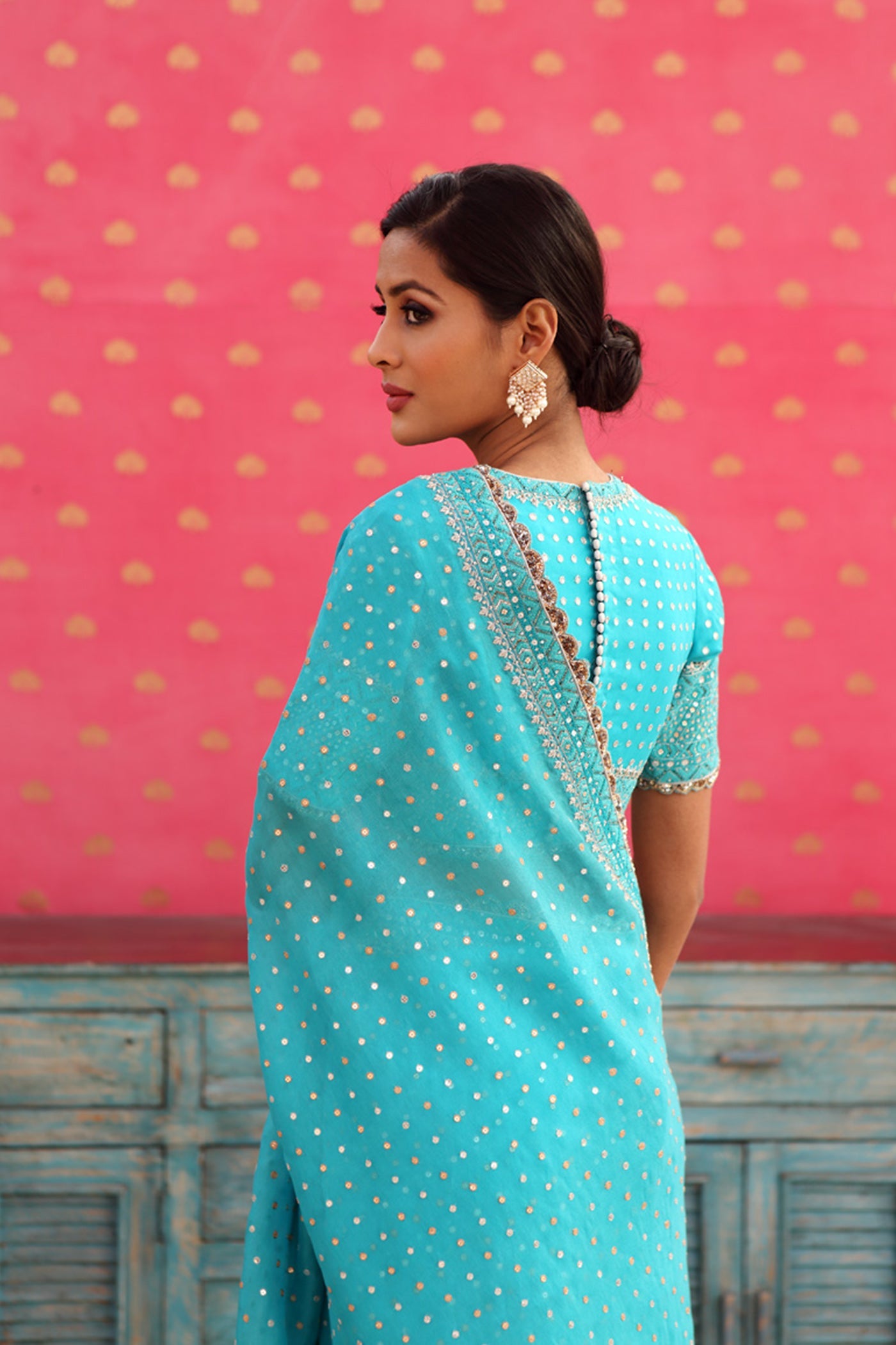 Hand-Embroidered Sea-Blue Pure Silk-Organza Saree-Blouse Set