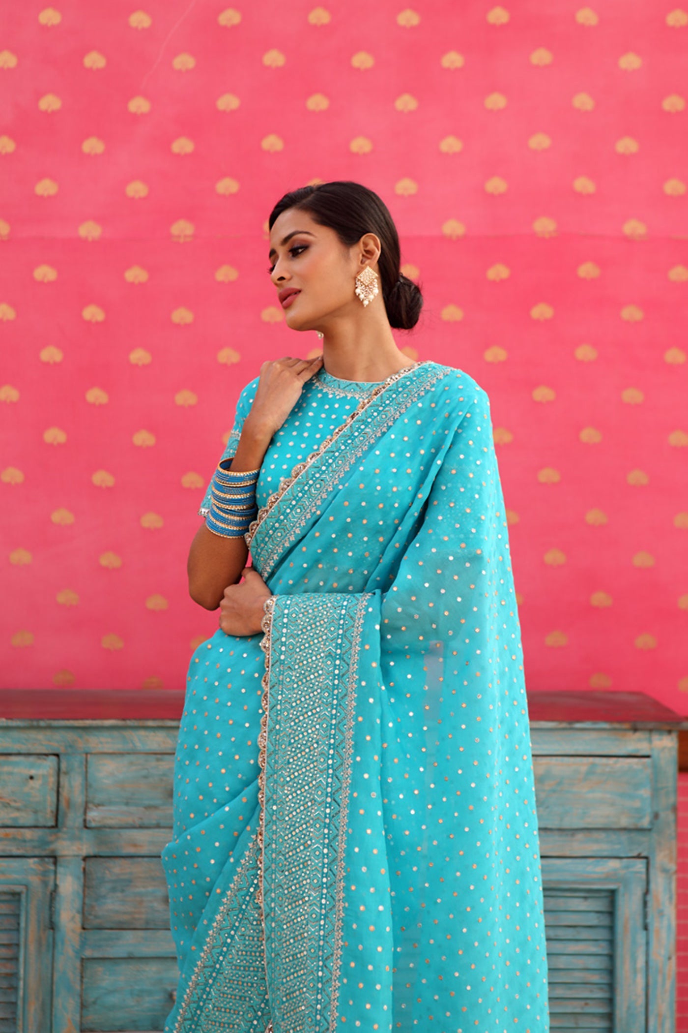 Hand-Embroidered Sea-Blue Pure Silk-Organza Saree-Blouse Set