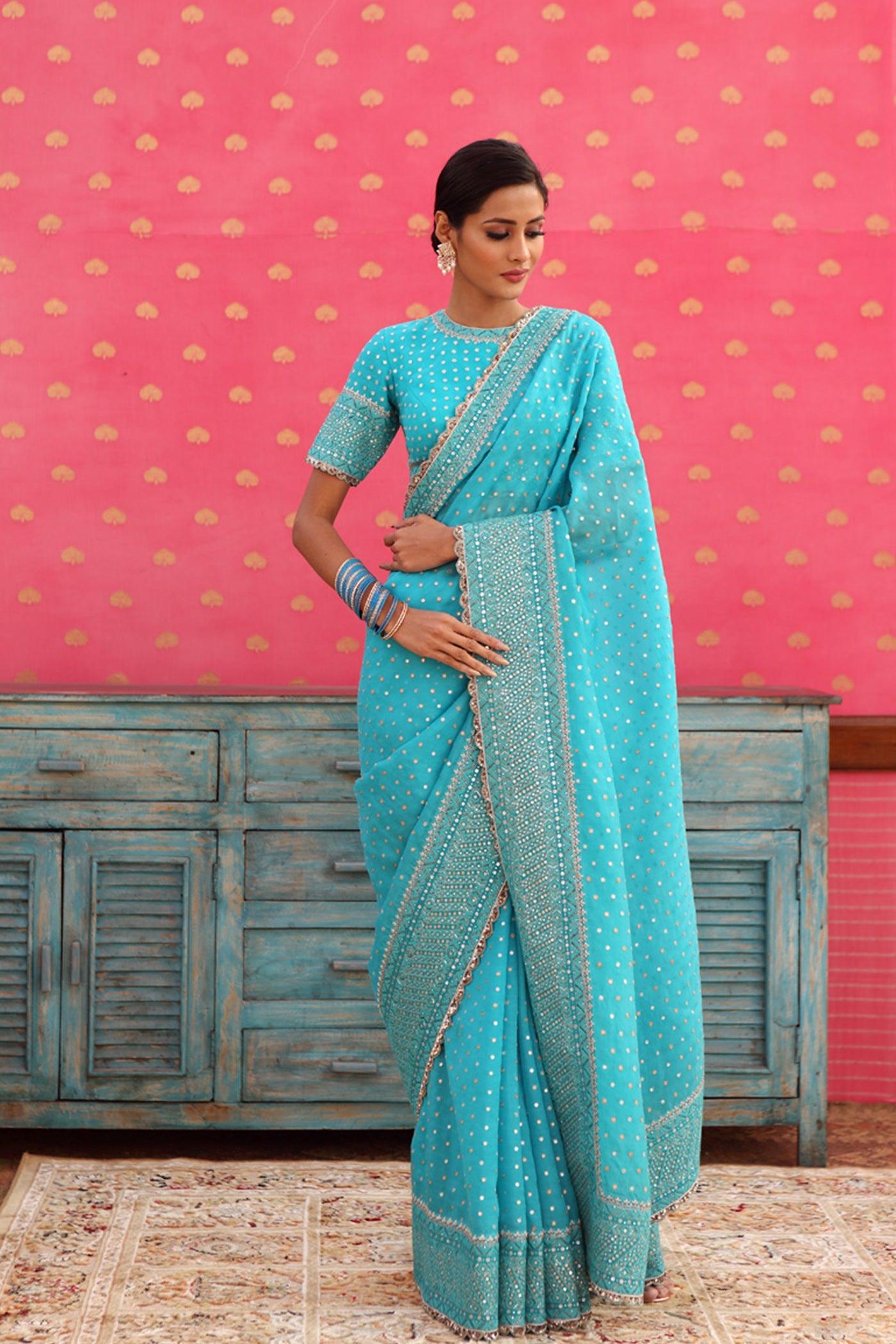 Hand-Embroidered Sea-Blue Pure Silk-Organza Saree-Blouse Set