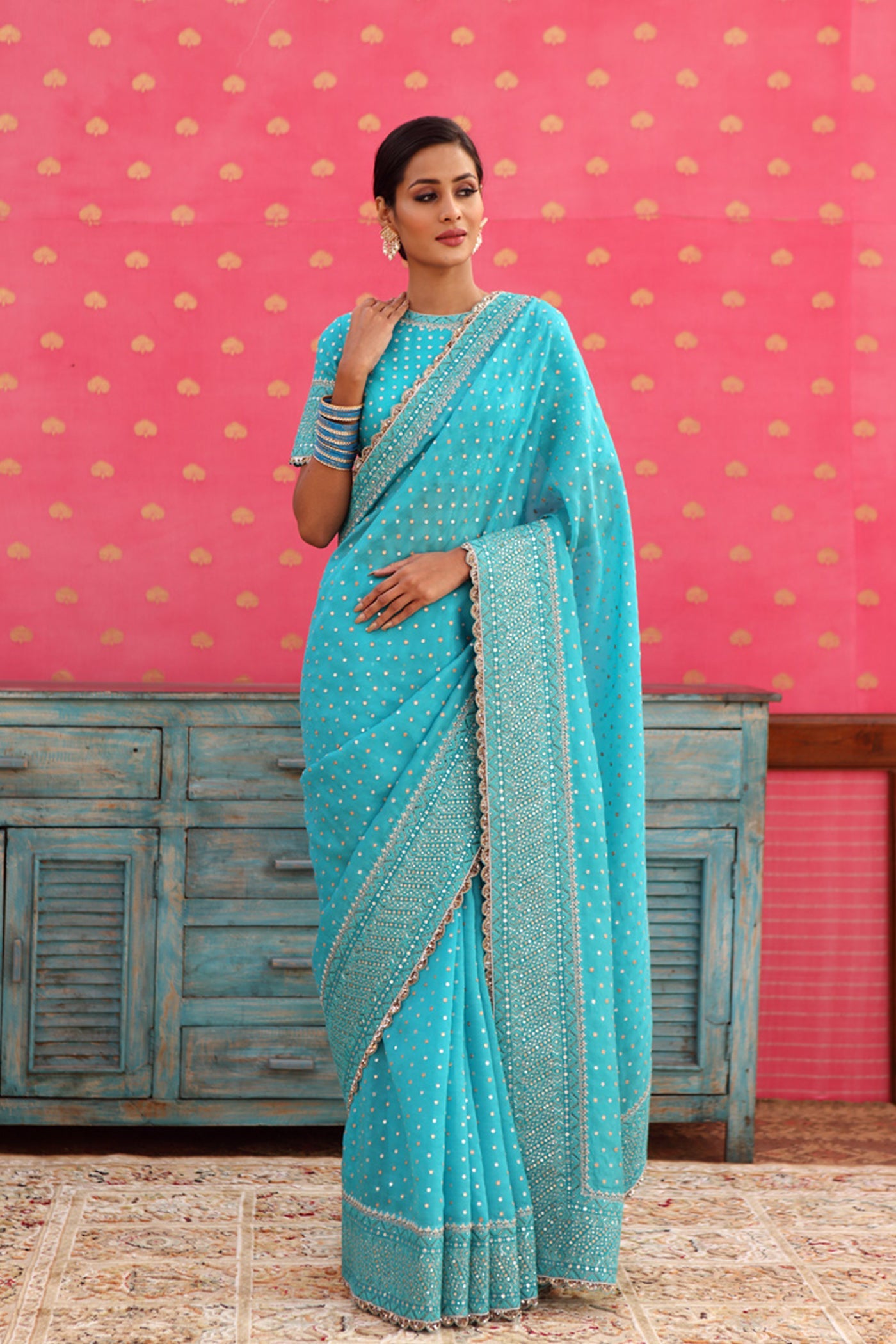 Hand-Embroidered Sea-Blue Pure Silk-Organza Saree-Blouse Set