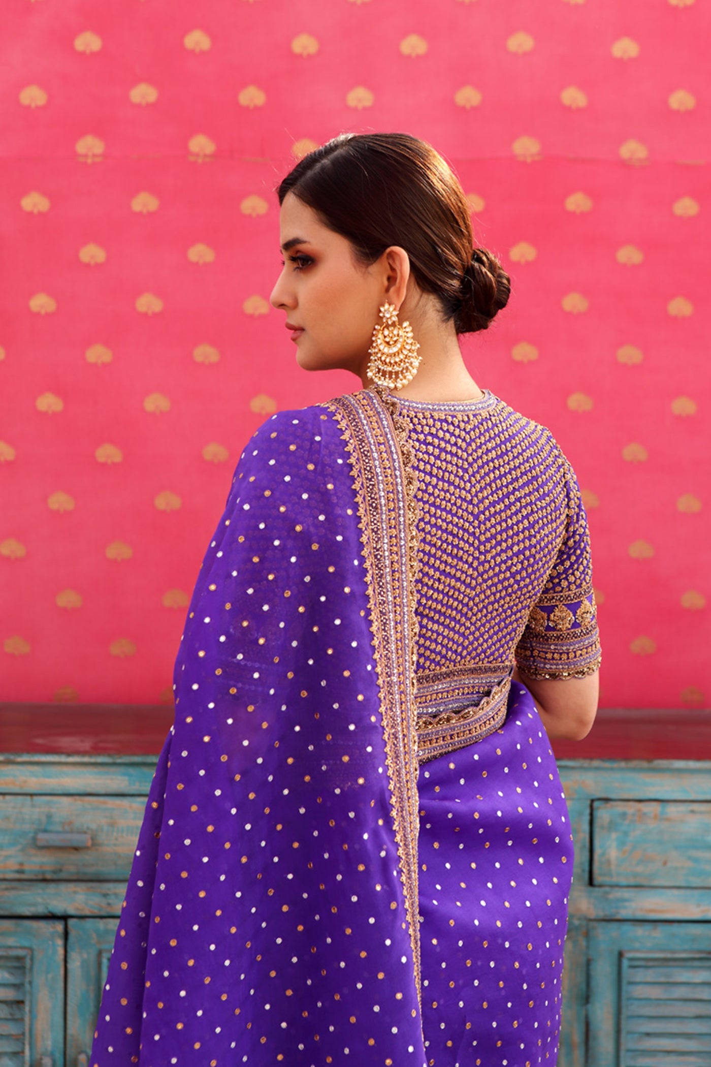 Hand-Embroidered Deep Purple-Blue Pure Silk-Organza Saree-Blouse Set