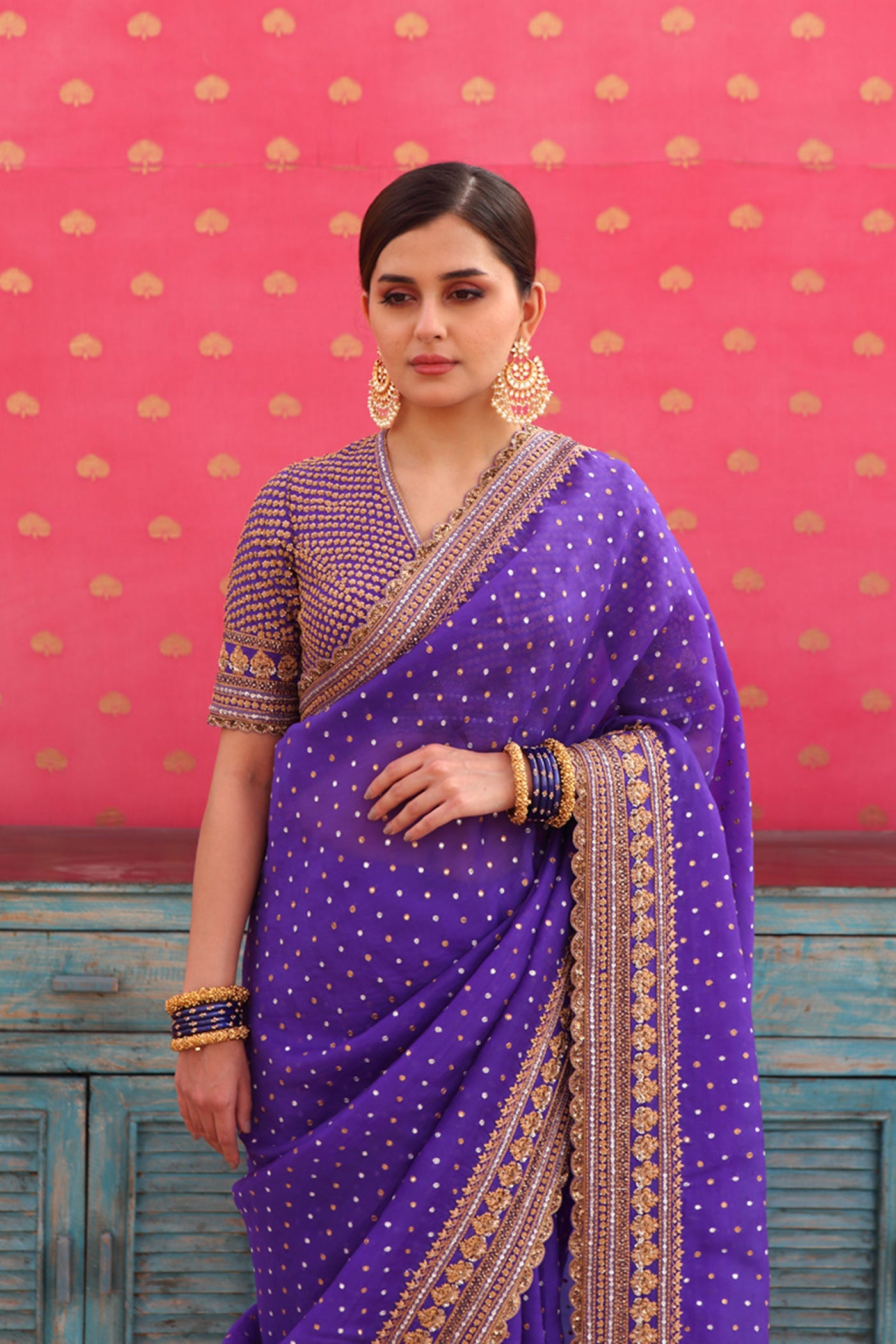 Hand-Embroidered Deep Purple-Blue Pure Silk-Organza Saree-Blouse Set