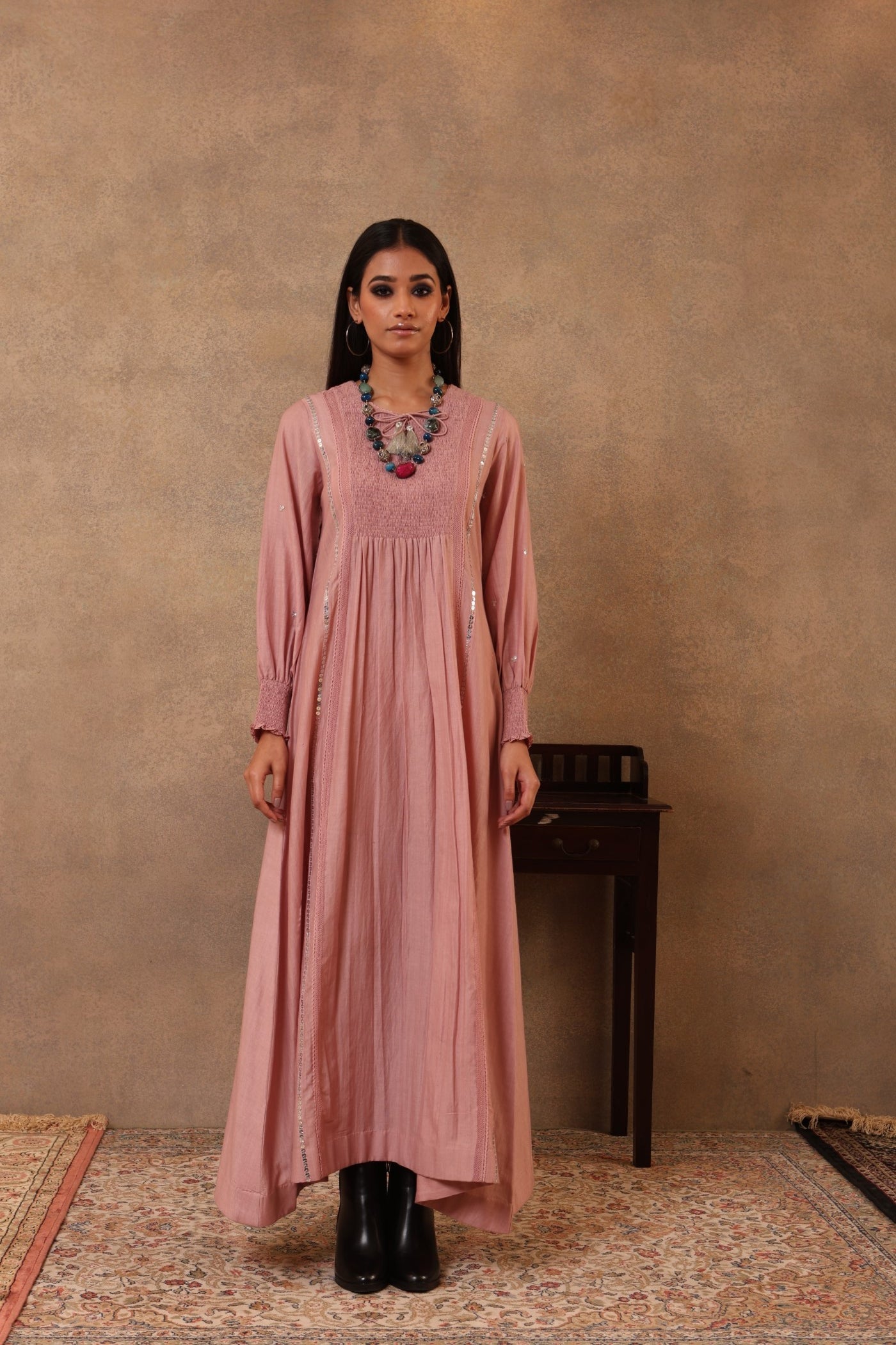 Rose-Brown Pure Silk-Linen Blouse With Cott0N-Silk Frills
