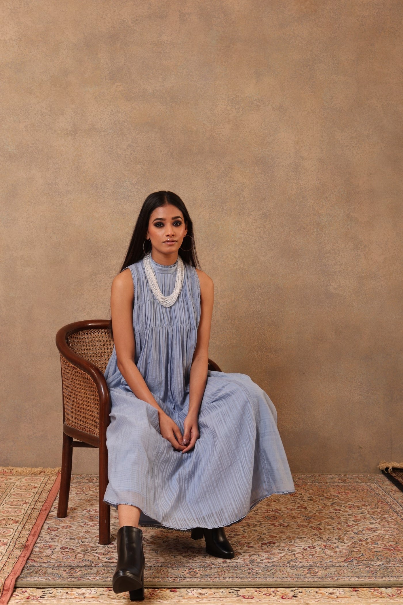 Serenity-Blue Handloom Pure Cotton Sleeveless Gathered Long Dress With Frills & Threadwork Detail 2XL Serenity-Blue Handloom Pure Cotton Sleeveless Gathered Long Dress With Frills & Threadwork Detail 2XL