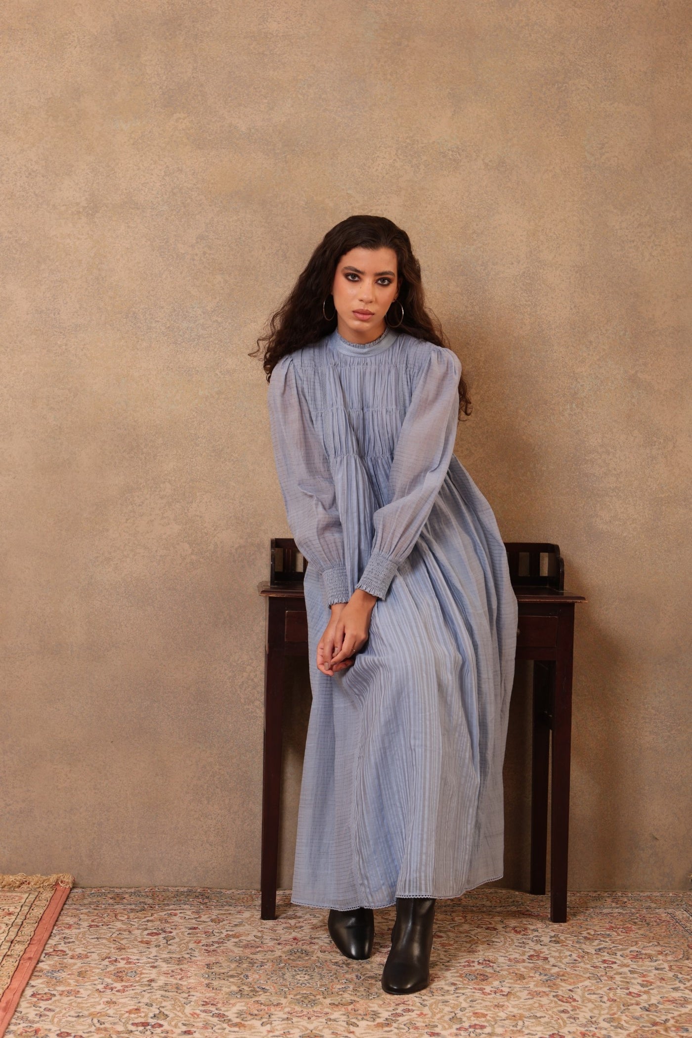 Serenity-Blue Handloom Pure Cotton Gathered Long Dress With Frills & Threadwork Detail
