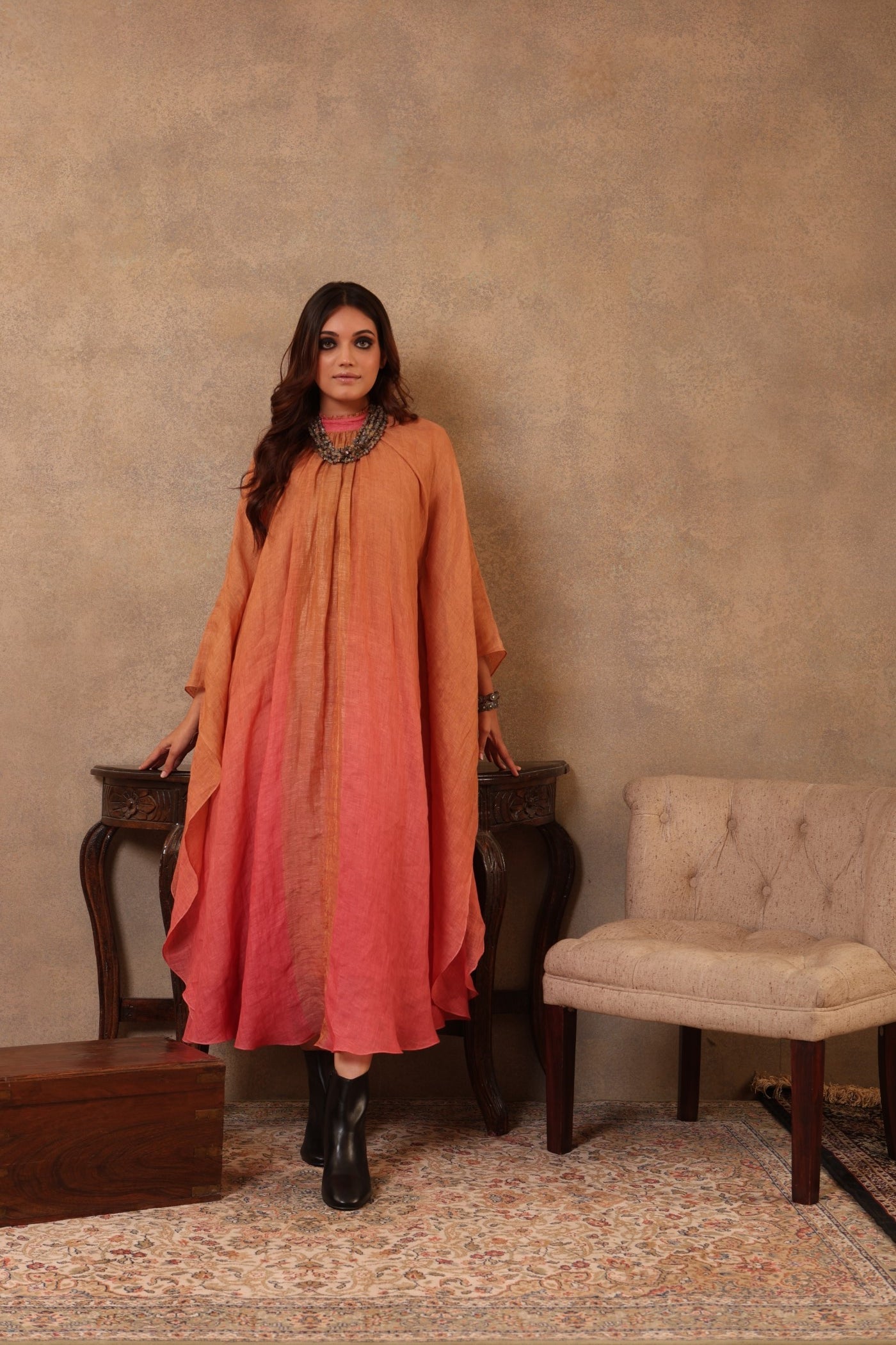 Peach-Pink Ombre Dyed Handloom Pure Linen Gathered Long Dress With Frills