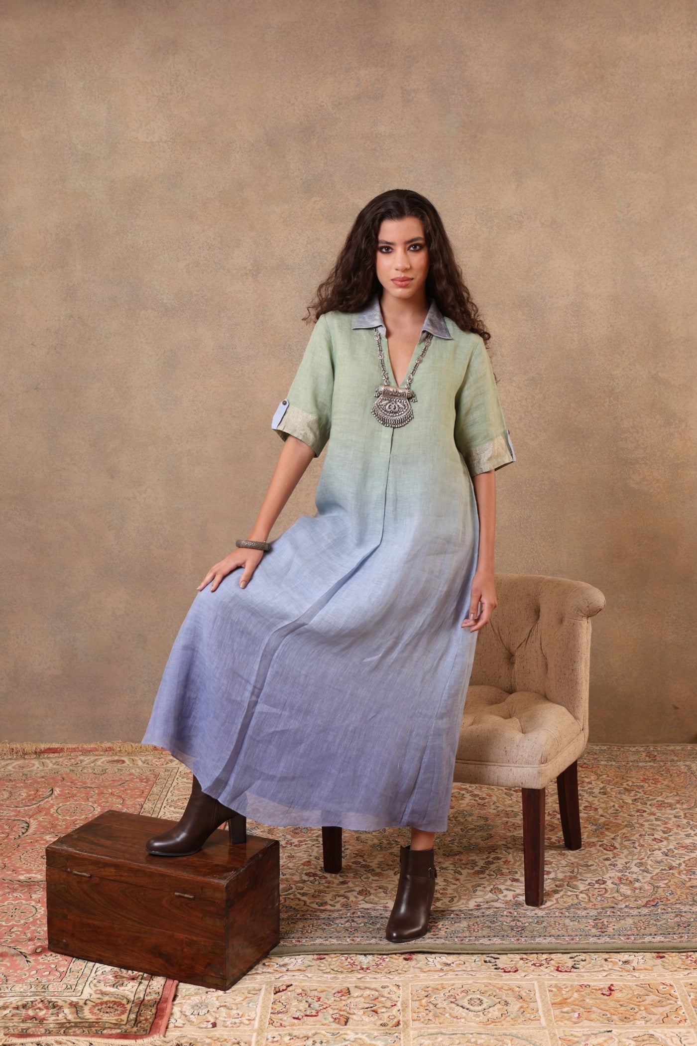 Green-Blue Ombre Dyed Handloom Pure Linen Collared Long Dress With Short Sleeves