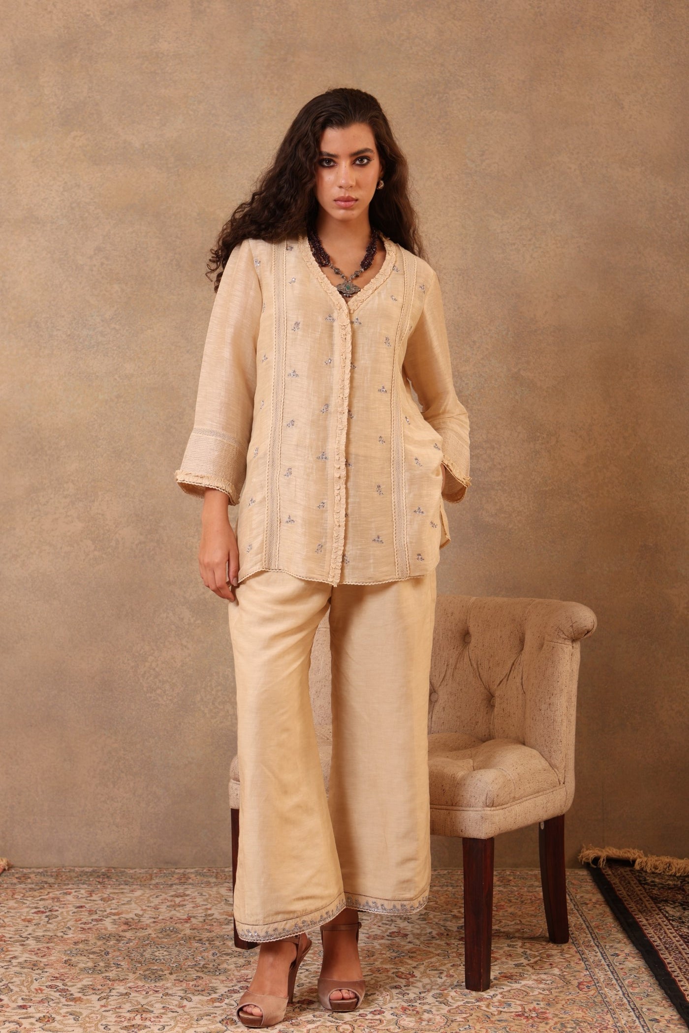 Ecru Hand-Embroidered Pure Linen-Silk Co-Ord Set