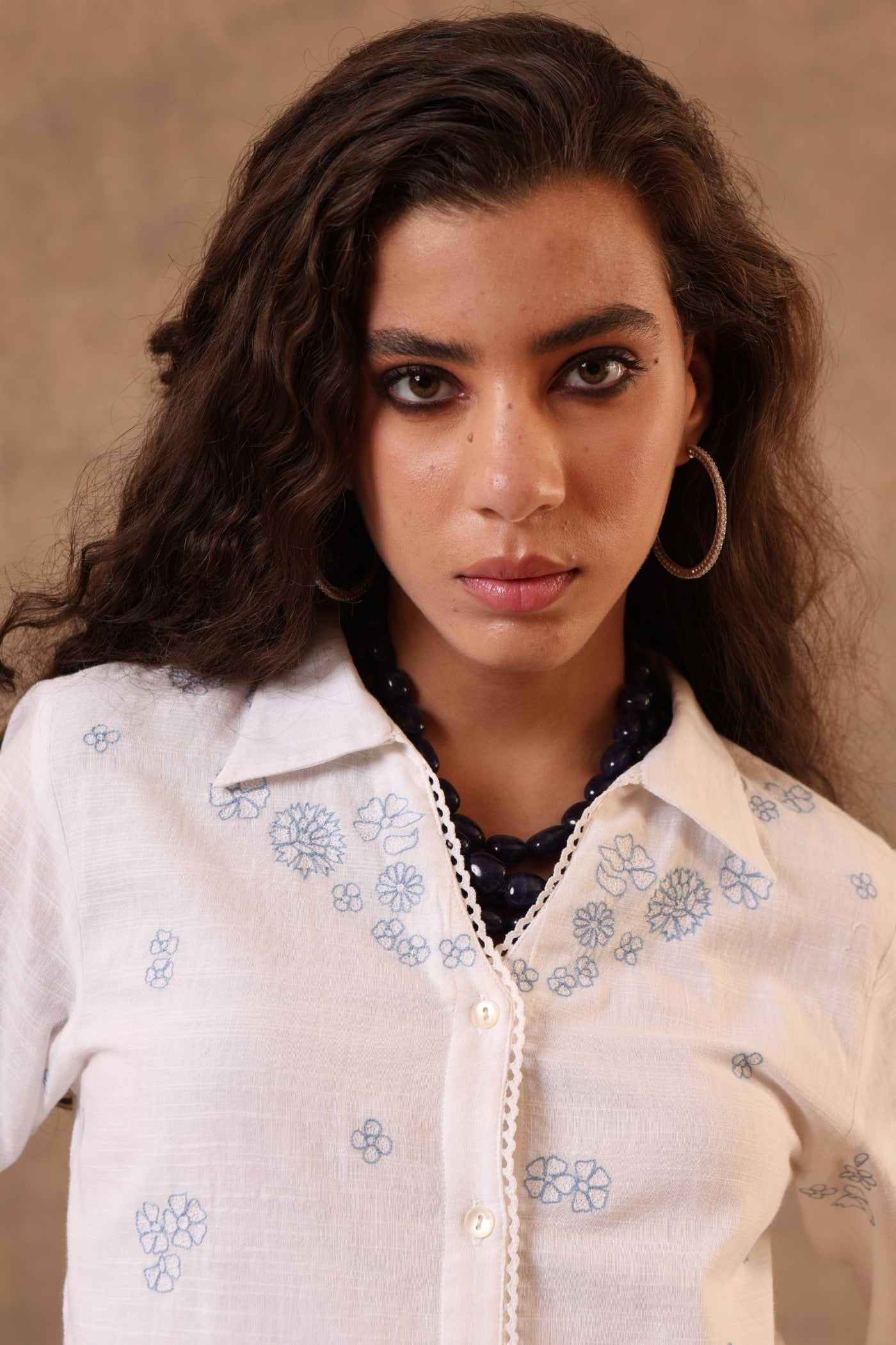 White Hand-Embroidered Handloom Pure Cotton-Slub Collared Short Blouse