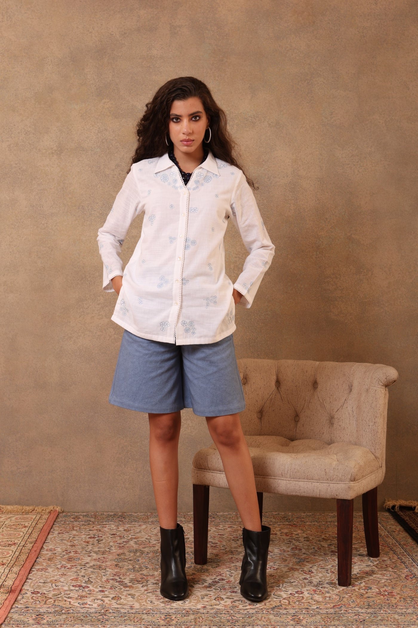 White Hand-Embroidered Handloom Pure Cotton-Slub Collared Short Blouse
