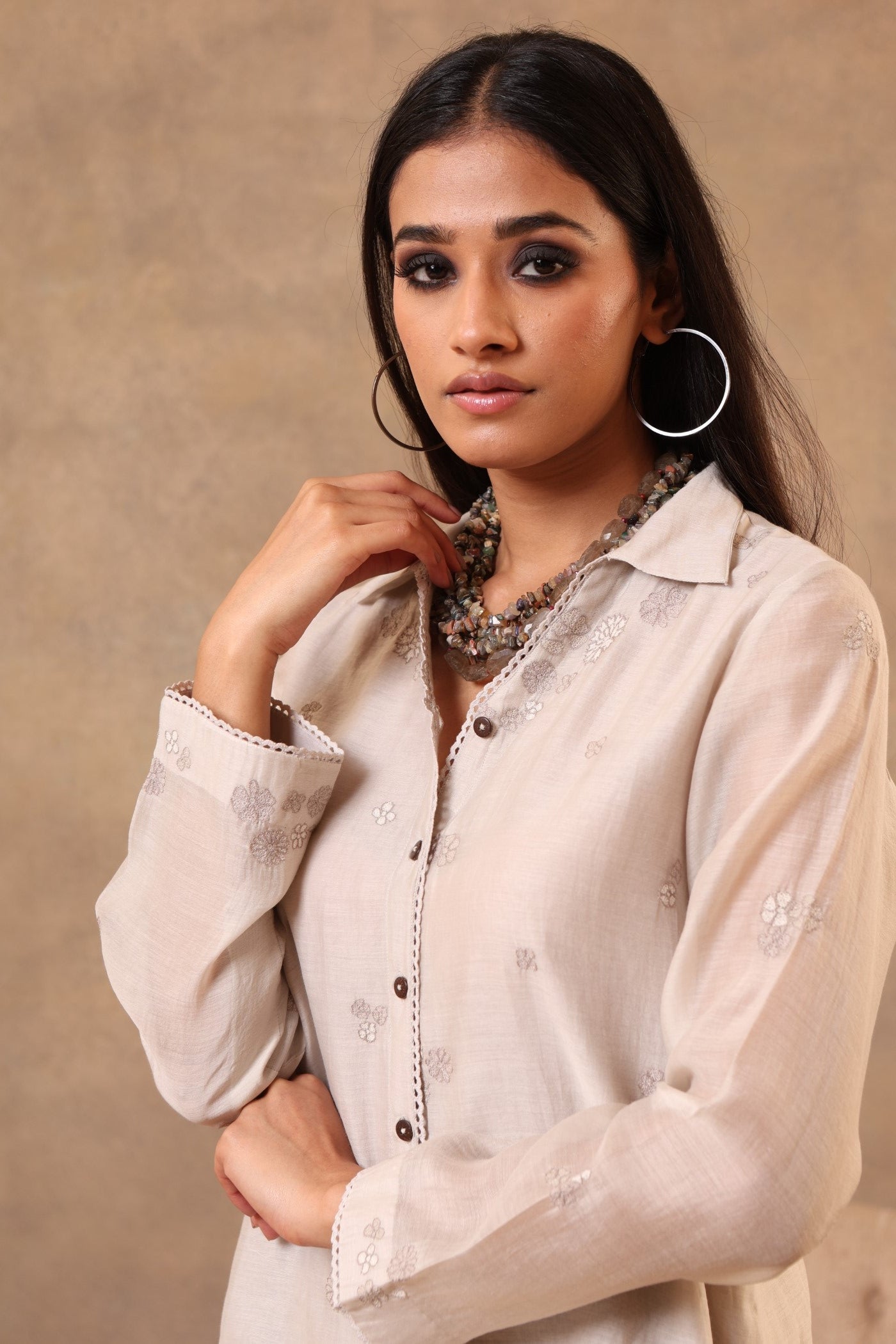 Beige-Grey Hand-Embroidered Pure Cotton-Silk Collared Short Blouse