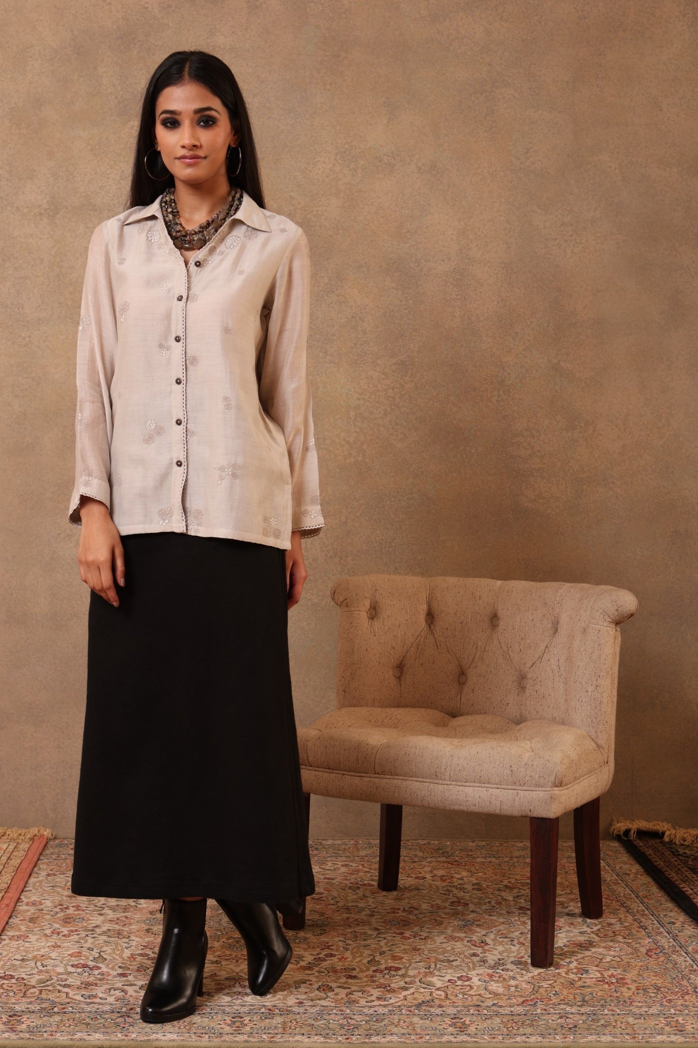 Beige-Grey Hand-Embroidered Pure Cotton-Silk Collared Short Blouse