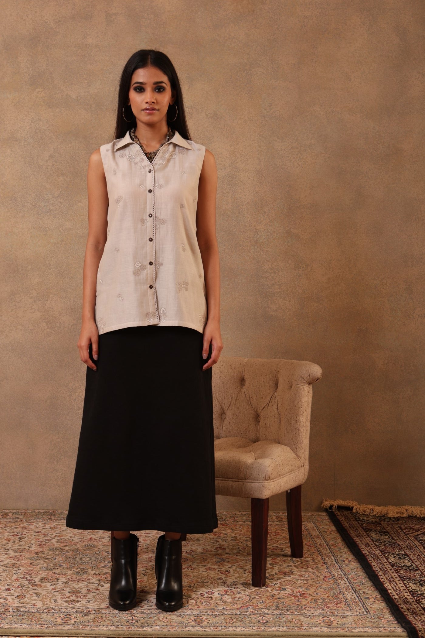 Beige-Grey Hand-Embroidered Pure Cotton-Silk Sleeveless Collared Short Blouse