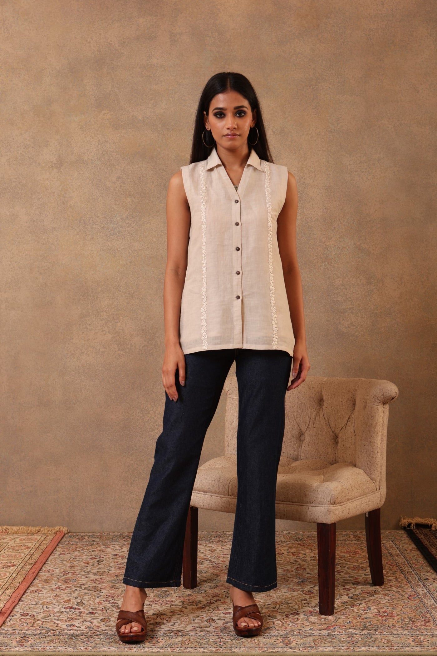 Beige-Grey Hand-Embroidered Handloom Pure Linen-Cotton Sleeveless Collared Short Blouse