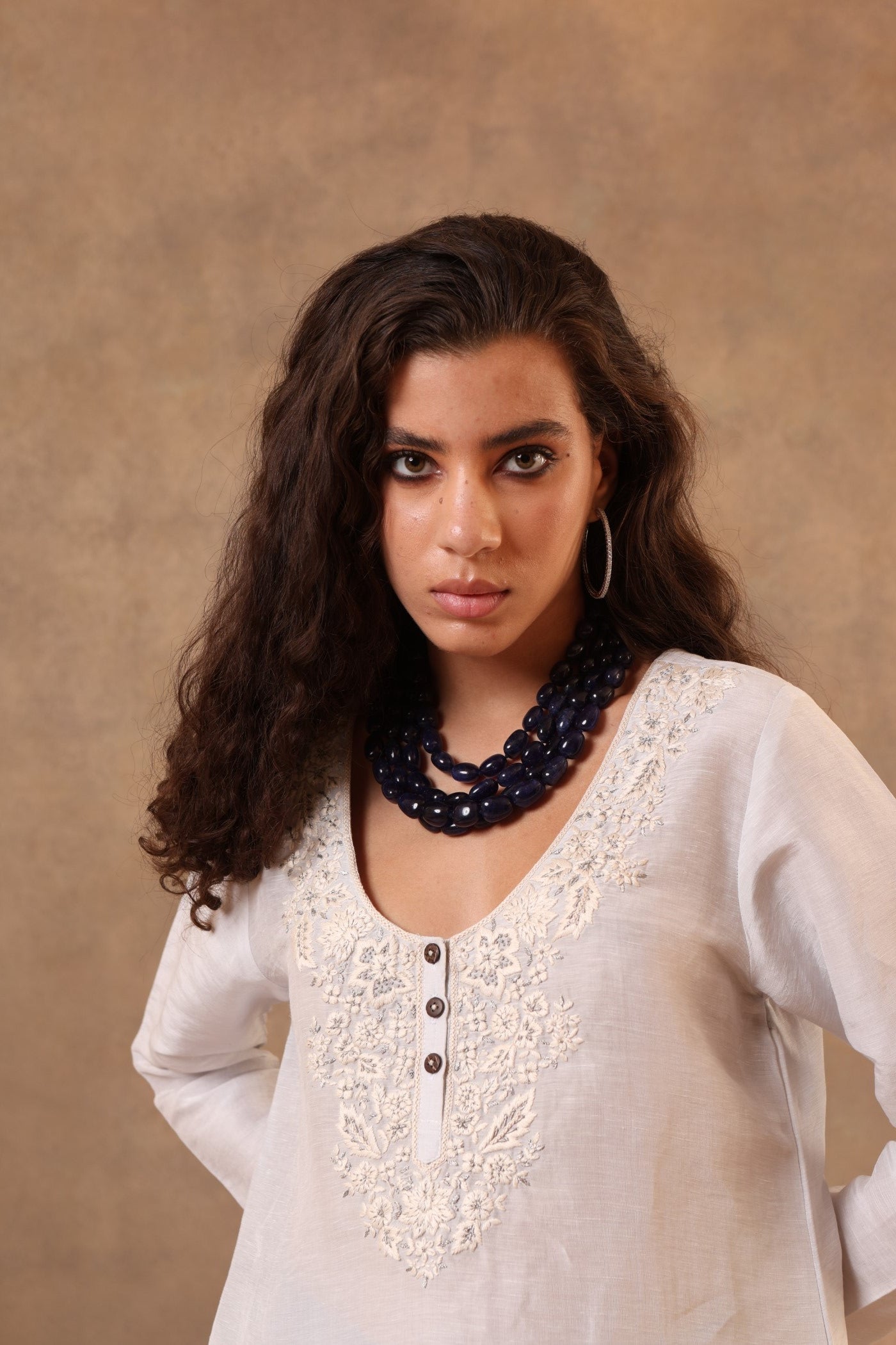 Light Pale-Blue Hand-Embroidered Pure Linen-Silk Short Blouse