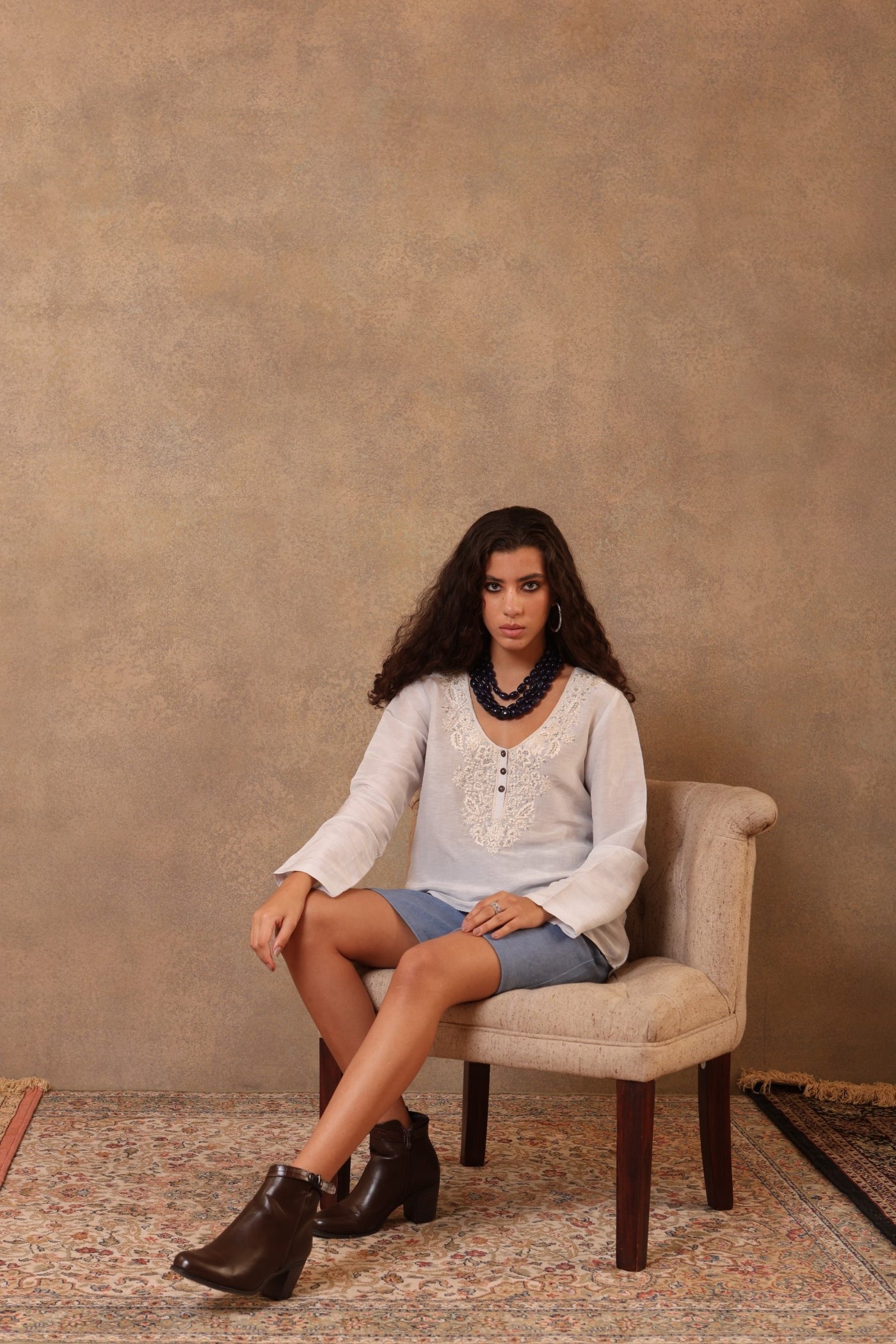 Light Pale-Blue Hand-Embroidered Pure Linen-Silk Short Blouse