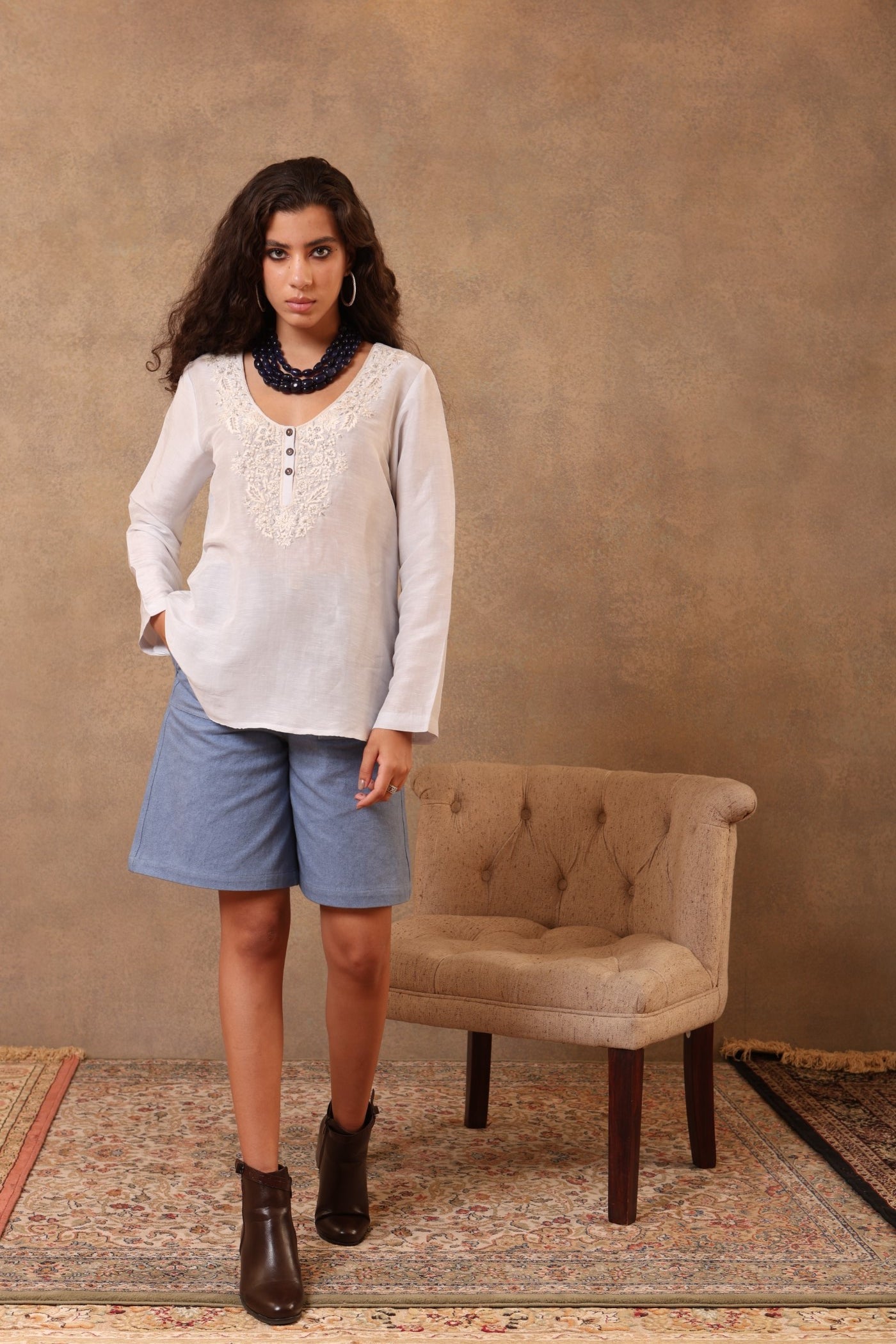 Light Pale-Blue Hand-Embroidered Pure Linen-Silk Short Blouse