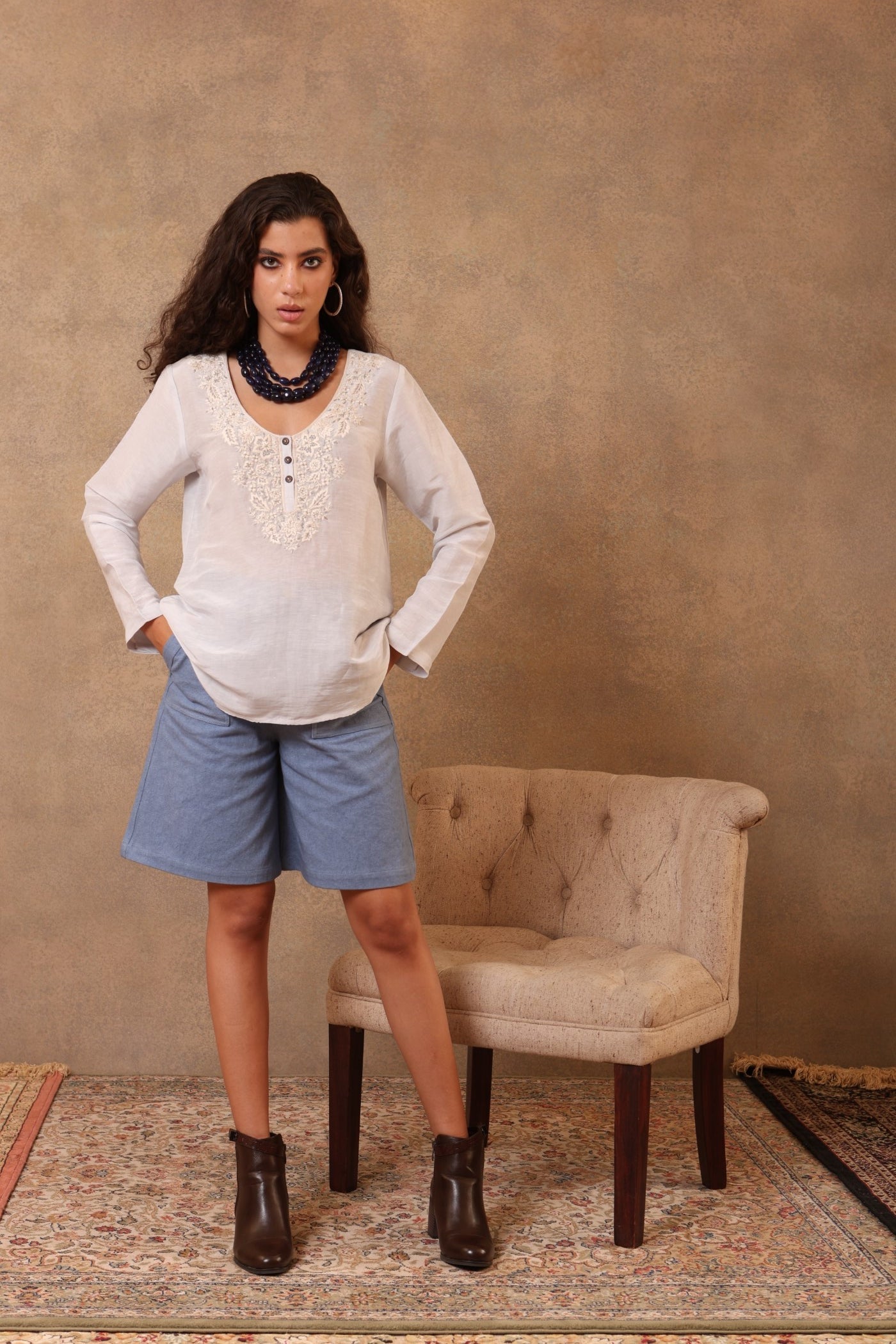 Light Pale-Blue Hand-Embroidered Pure Linen-Silk Short Blouse