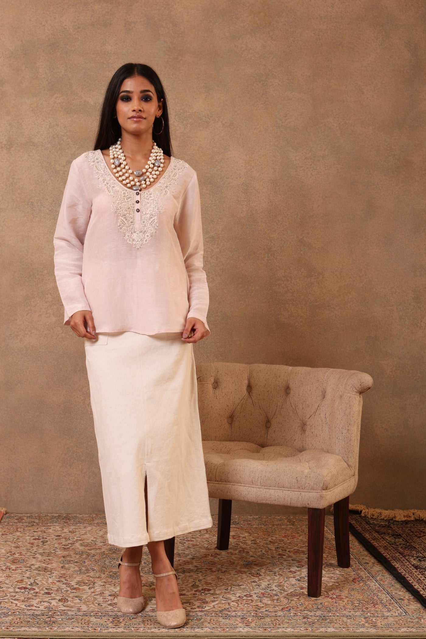 Light Pale-Pink Hand-Embroidered Pure Linen-Silk Short Blouse