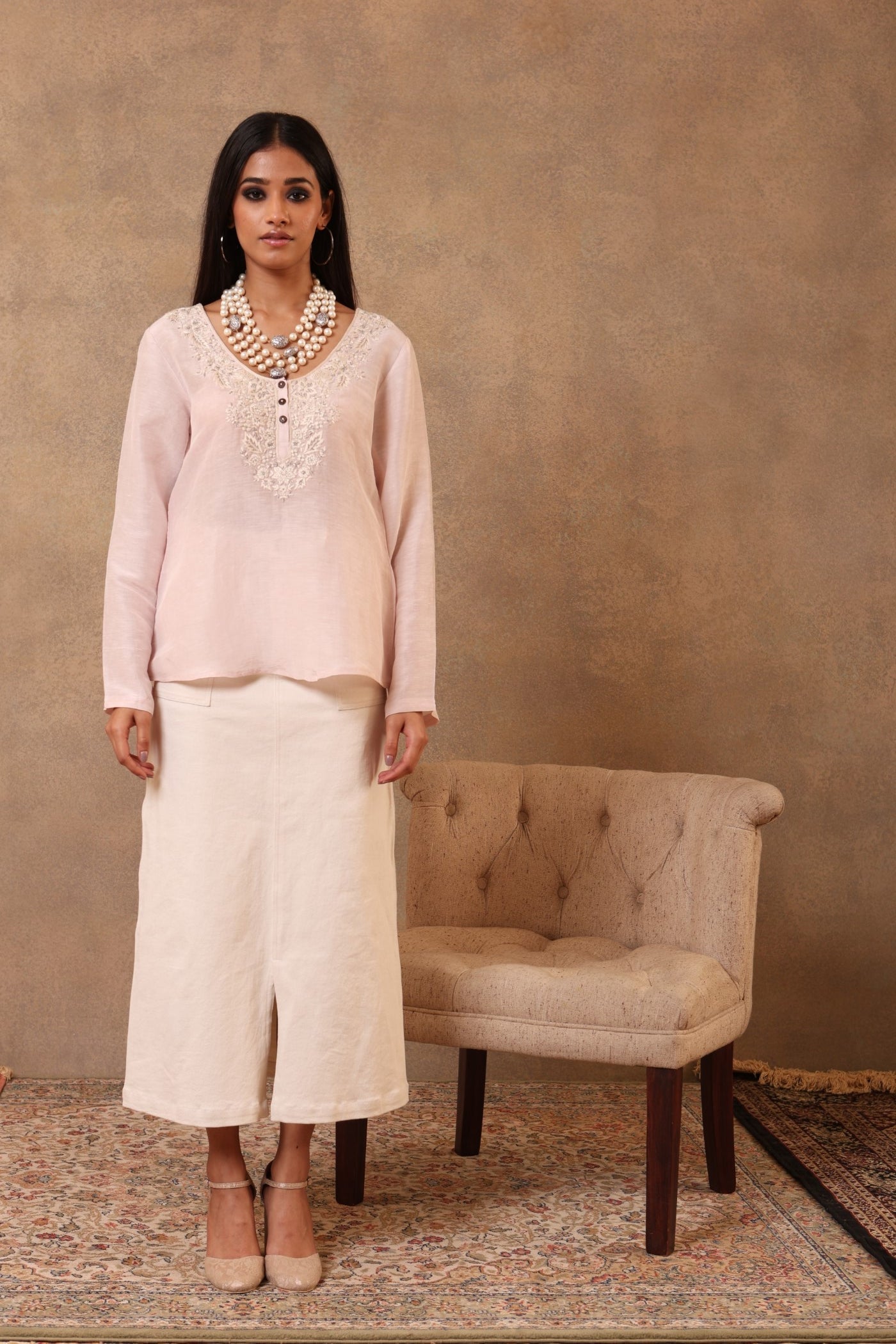 Light Pale-Pink Hand-Embroidered Pure Linen-Silk Short Blouse