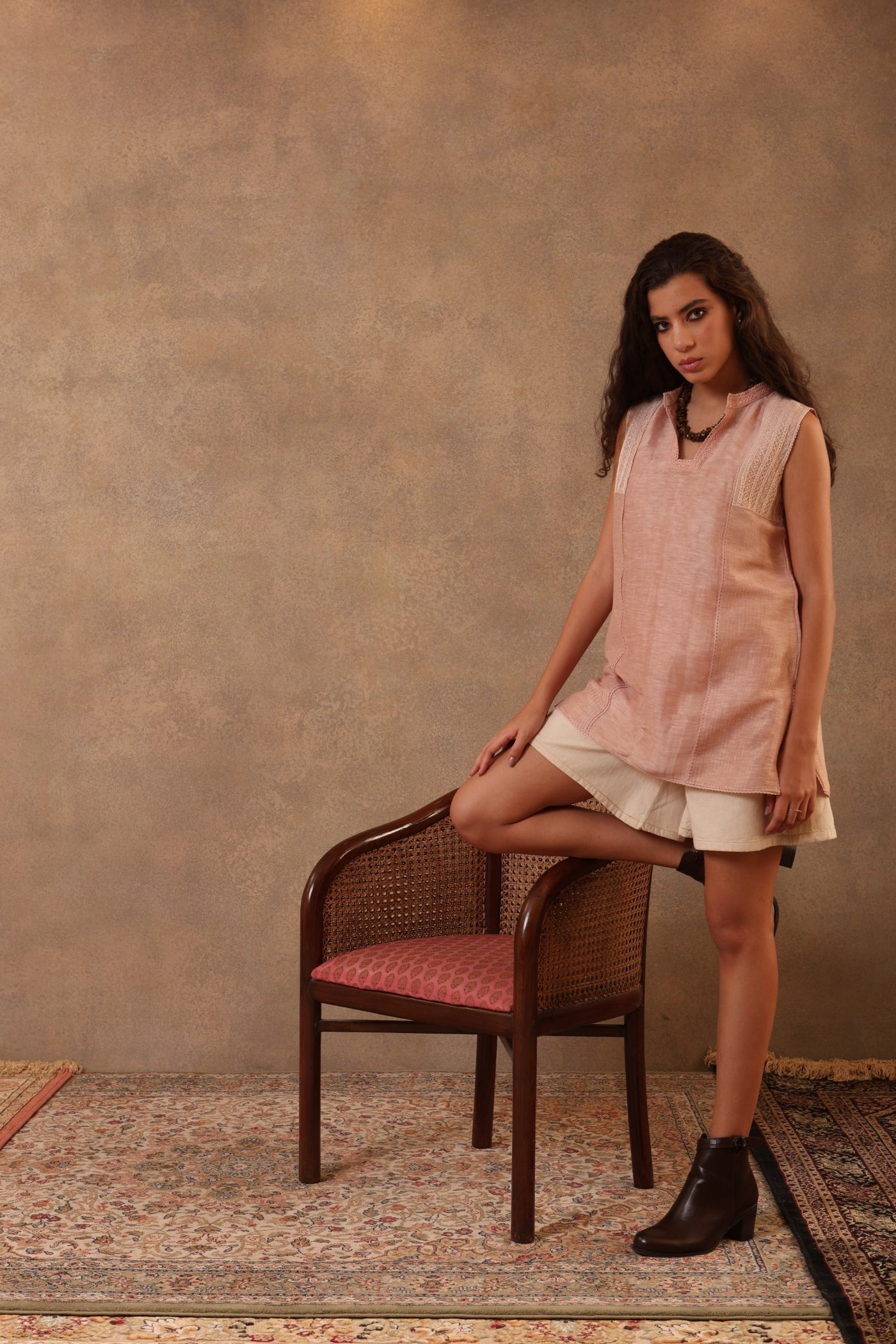 Dusty-Pink Hand-Embroidered (Geometric Design) Pure Linen-Silk Sleeveless Short Blouse