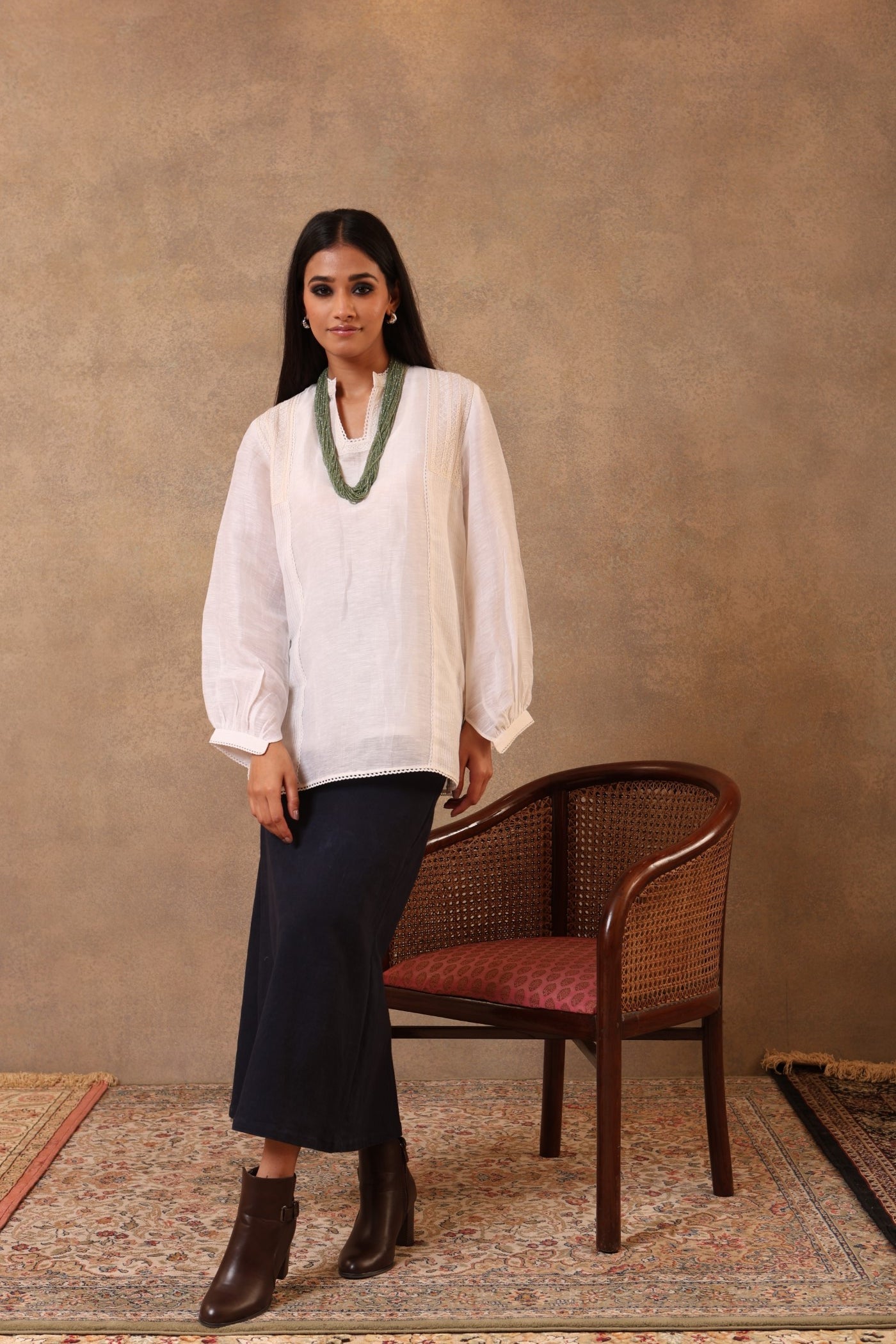 Ivory Hand-Embroidered (Geometric Design) Pure Linen-Silk Short Blouse