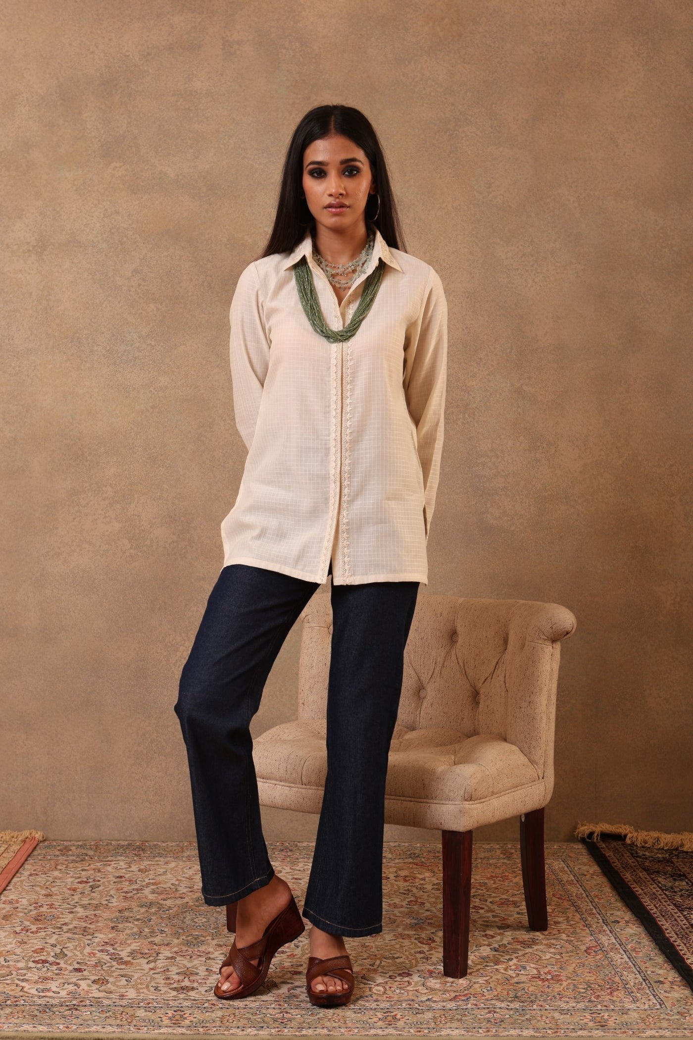 Light-Beige Hand-Embroidered Handloom Pure Cotton (Self-Checks) Collared Short Blouse