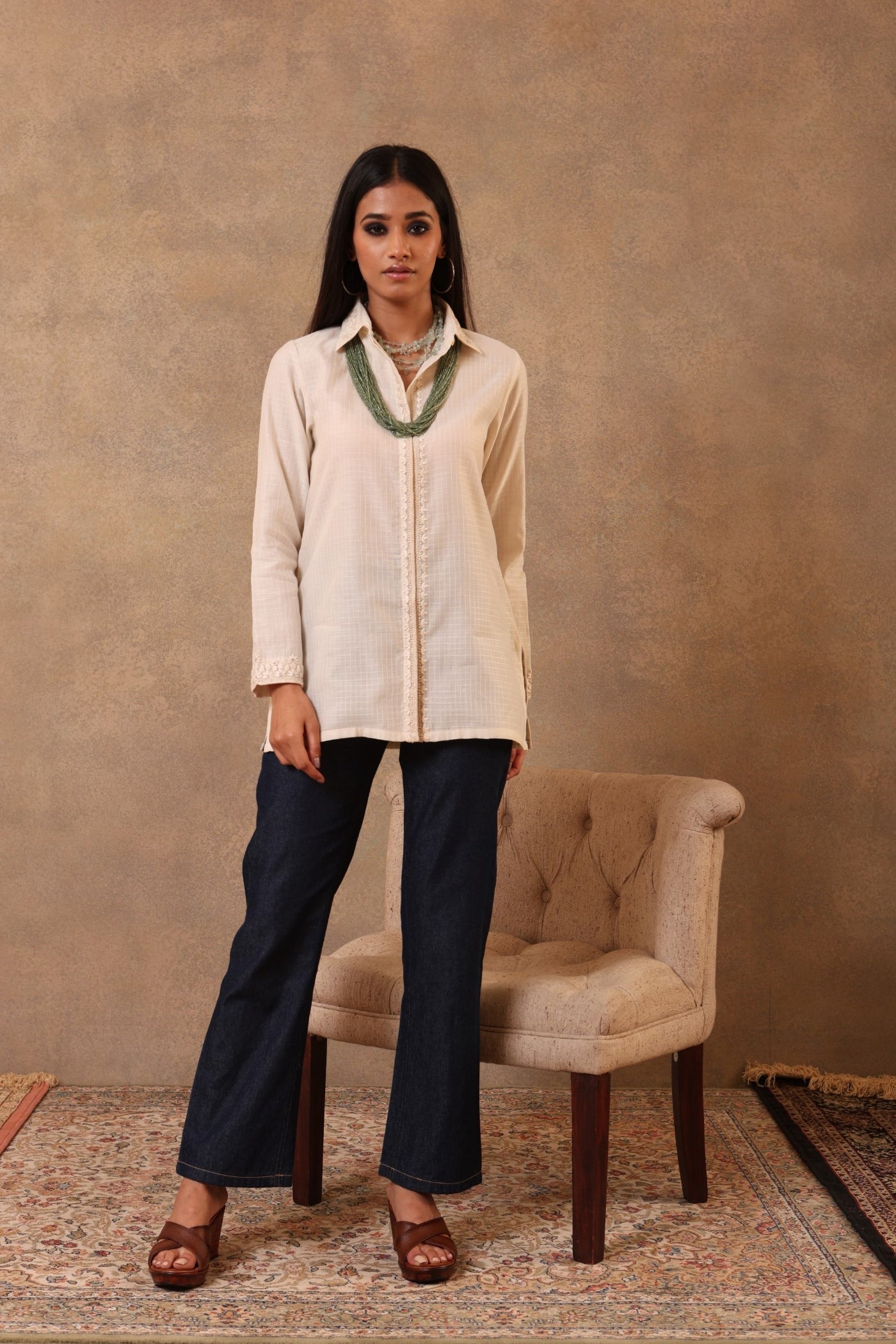 Light-Beige Hand-Embroidered Handloom Pure Cotton (Self-Checks) Collared Short Blouse