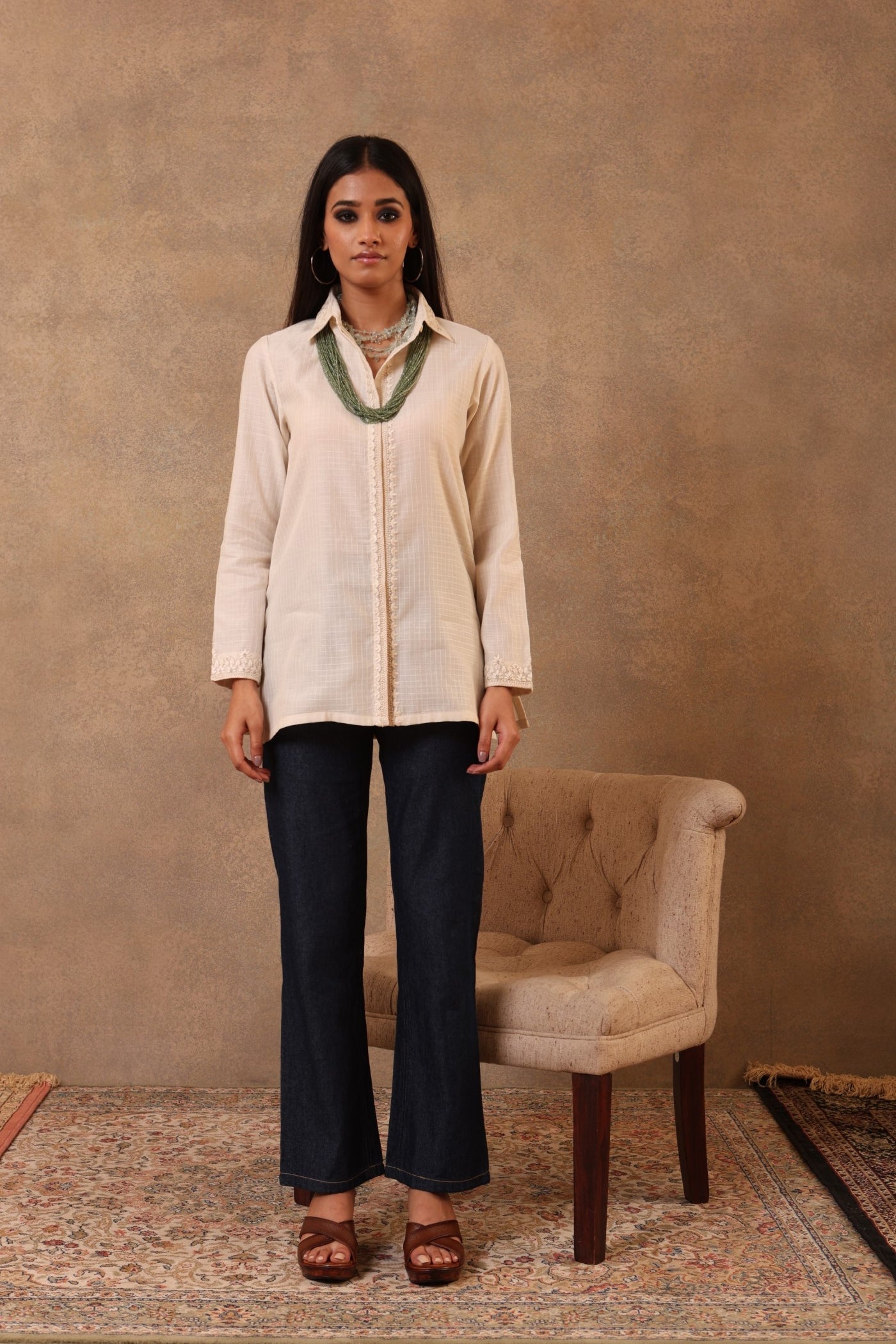 Light-Beige Hand-Embroidered Handloom Pure Cotton (Self-Checks) Collared Short Blouse